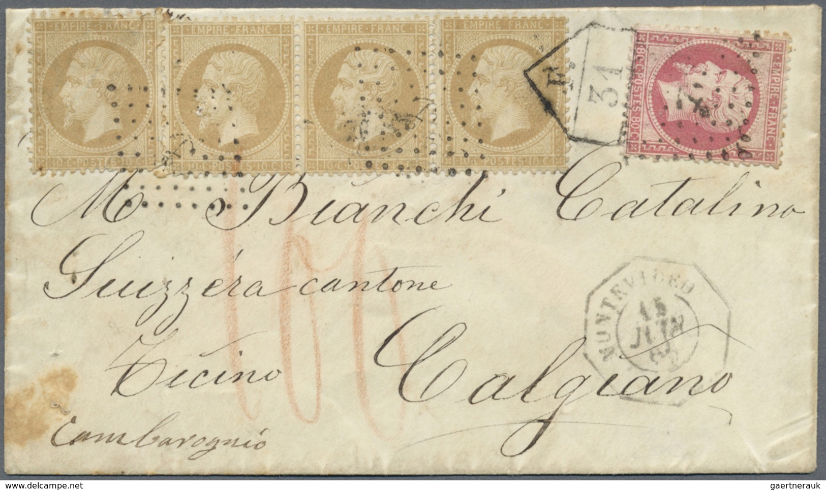 Br Uruguay: 1862, Napoleon Ohne Lorbeer 10 C Gelbbraun Im Dreierstreifen + Einzelmarke Und 80 C Rosa Mi - Uruguay