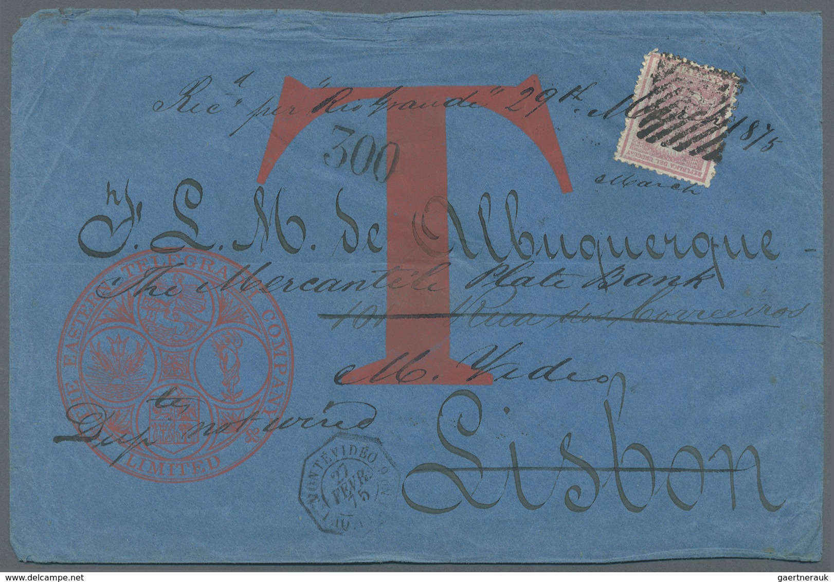 Br Uruguay: 1875. Telegram From The 'Eastern Telegraphic Co.' Addressed To The 'Mercantile Bank, Lisbon - Uruguay