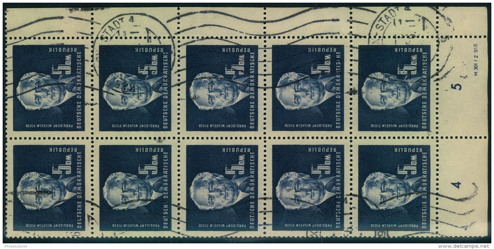 1950, 5 Mark Pieck Im Gestempelten 10-er-Block (Rollenstempel) Mit Druckvermerk. - Gebraucht