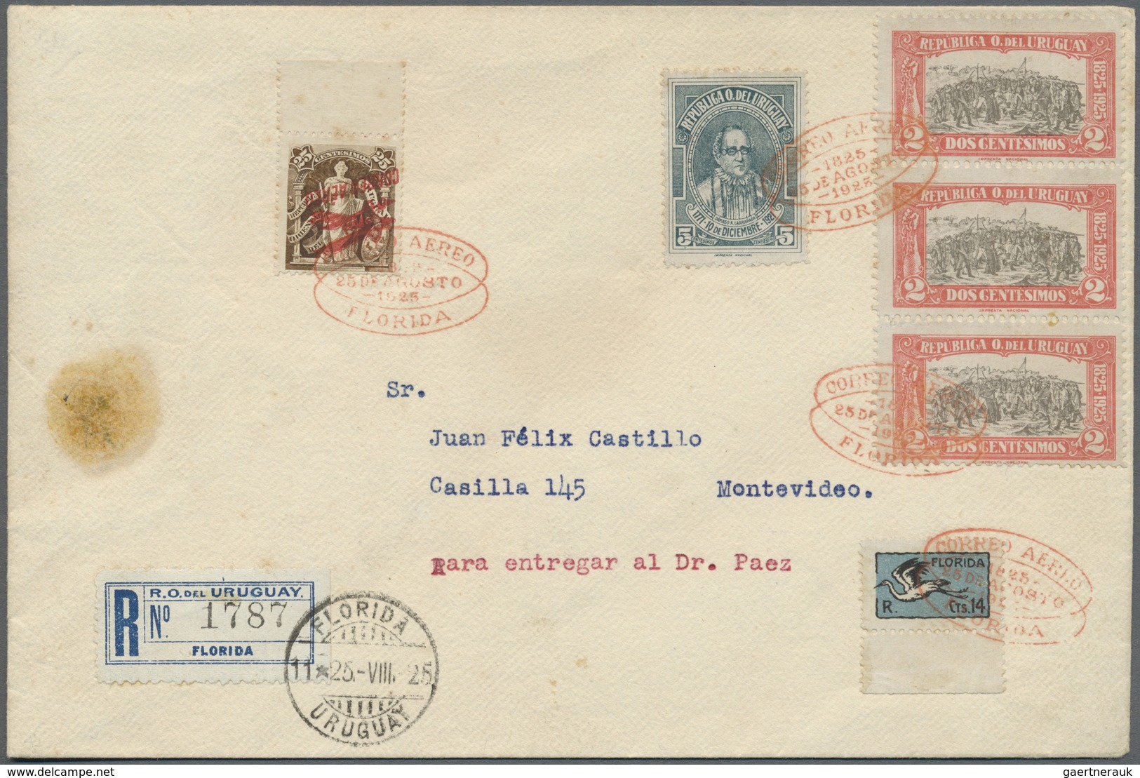 Br Uruguay: 1921, Airmail 25 C. Olive-brown With Inverted Overprint Tied By Red Special Flight Mark "CO - Uruguay