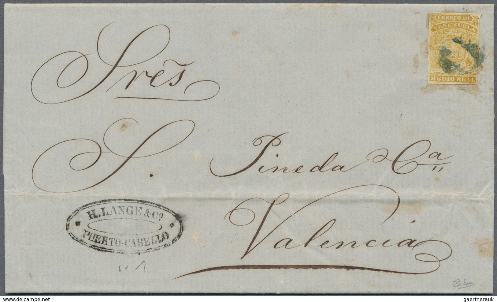 Br Venezuela: 1859-62, 1/2 R. Olive-yellow Tied By Blue "O" On Folded Envelope From Puerto-Cabello Addr - Venezuela