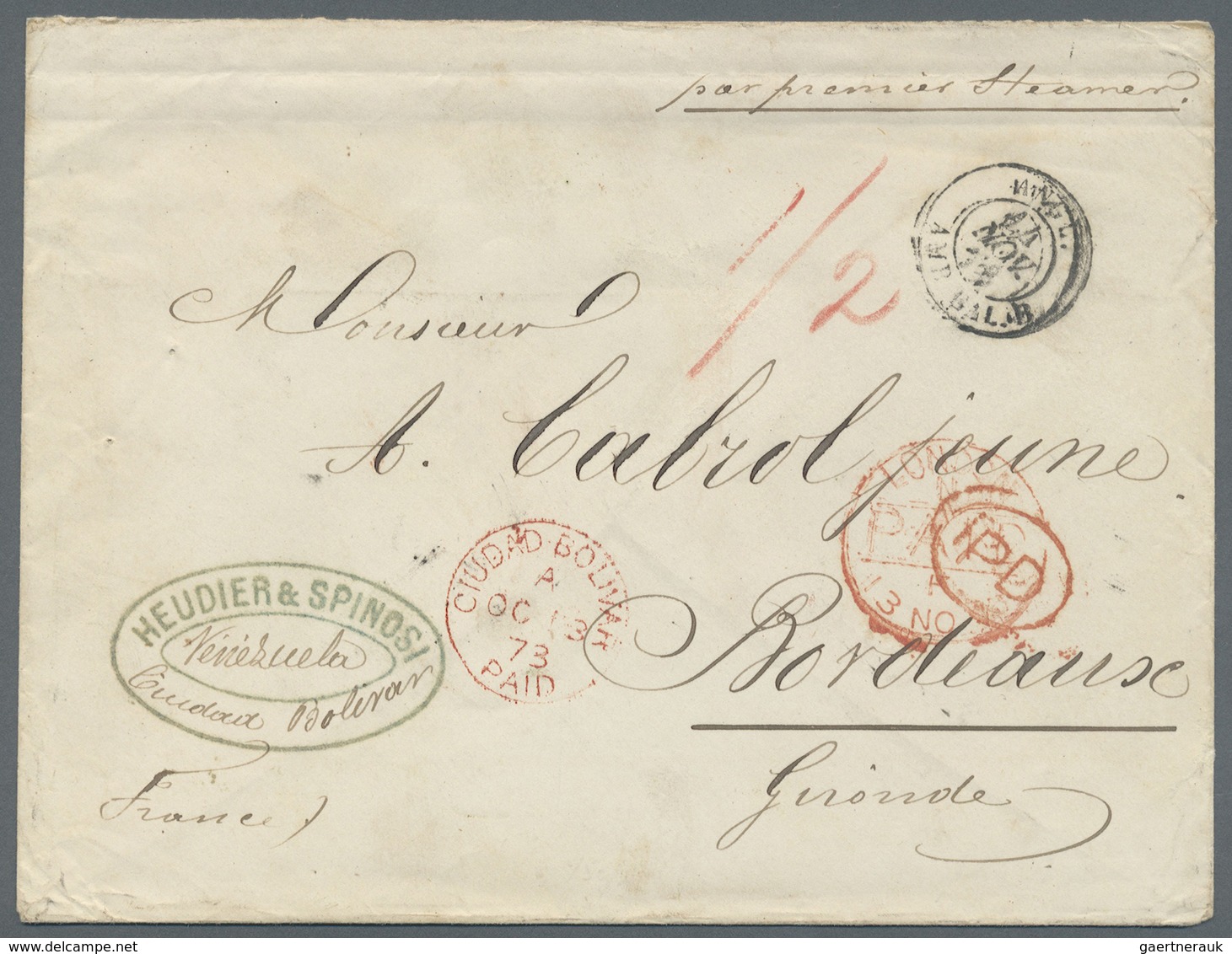 Br Venezuela: 1873. Stampless Envelope From 'Heudier & Spinosi, Ciudad Bolivar, Venezuela' Addressed To - Venezuela