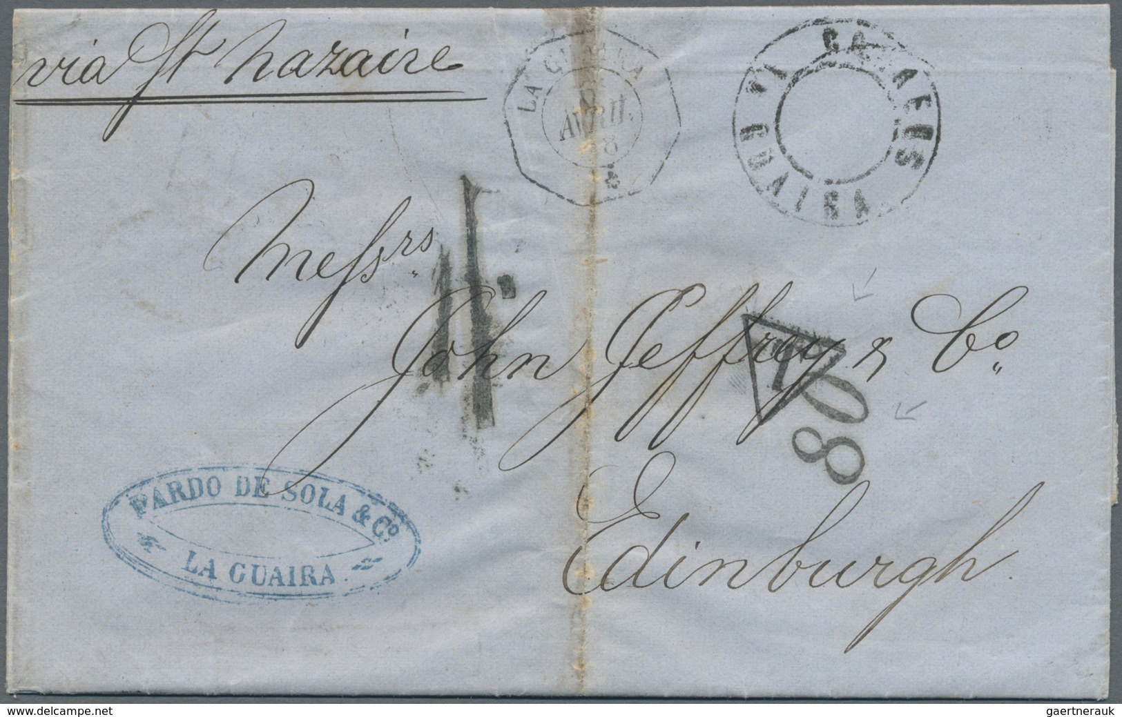 Br Venezuela: 1878. Stampless Envelope (vertical Fold) Written From La Guaira Dated 'April 6th 78' Addr - Venezuela