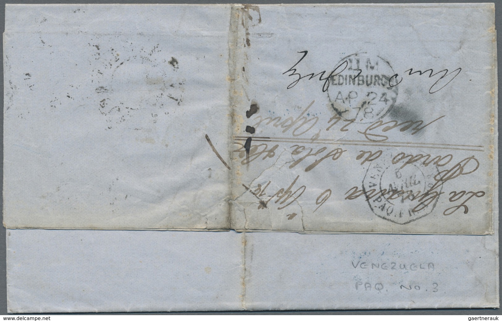 Br Venezuela: 1878. Stampless Envelope (vertical Fold) Written From La Guaira Dated 'April 6th 78' Addr - Venezuela