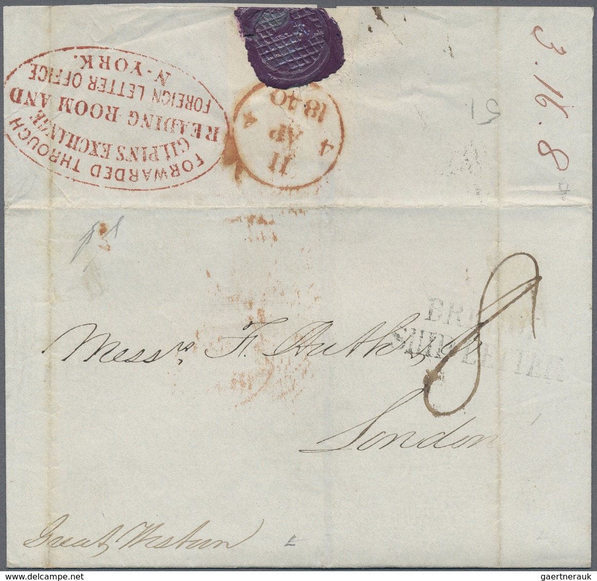 Br Vereinigte Staaten Von Amerika - Stampless Covers: 1840, Folded Letter From NEW YORK To London With - …-1845 Préphilatélie