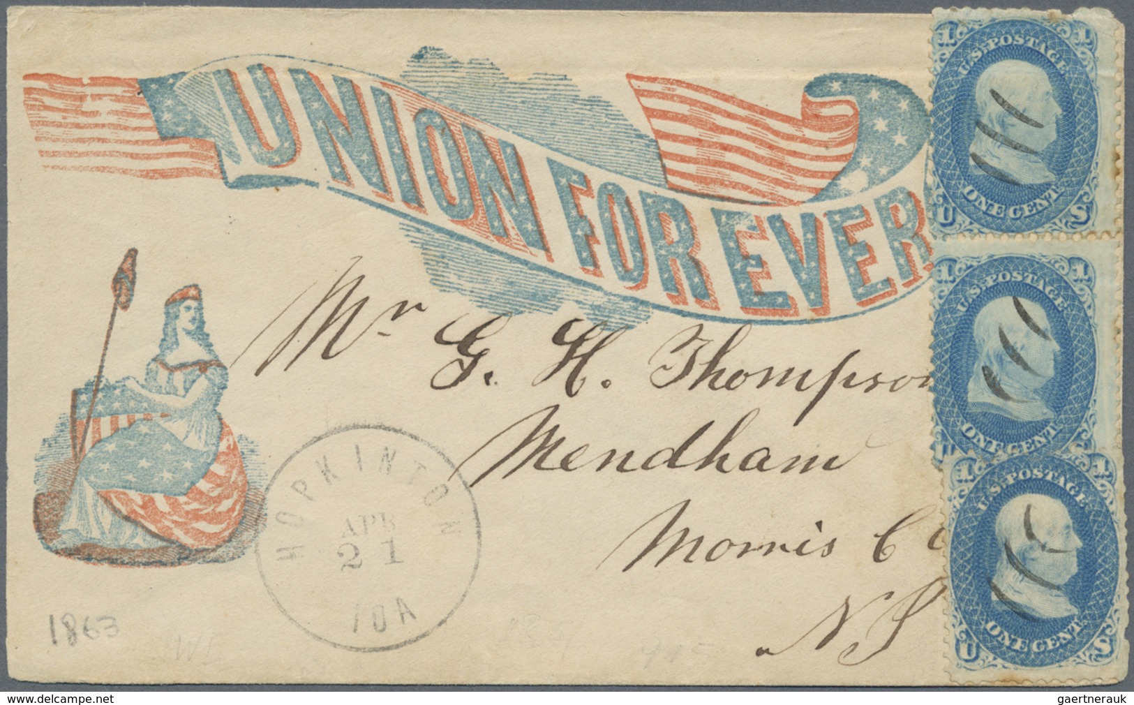 Br Vereinigte Staaten Von Amerika: 1893, Franklin 1 C. Blue, Single Stamp And Vertical Pair Tied Bx Pen - Andere & Zonder Classificatie