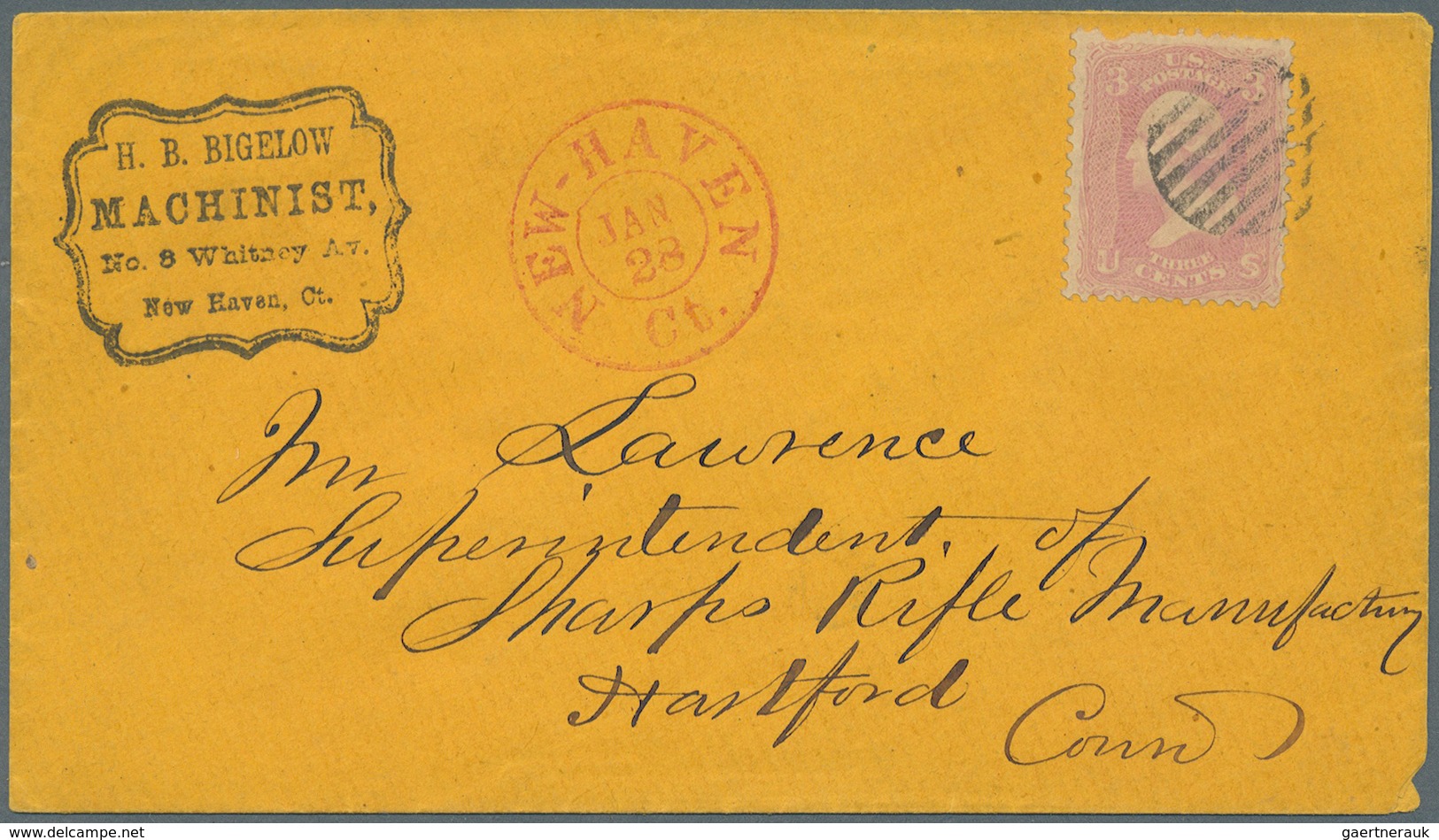 Br Vereinigte Staaten Von Amerika: 1861, 3c. Pink On Envelope Tied By Mute Barred Mark And Red "NEW HAV - Autres & Non Classés