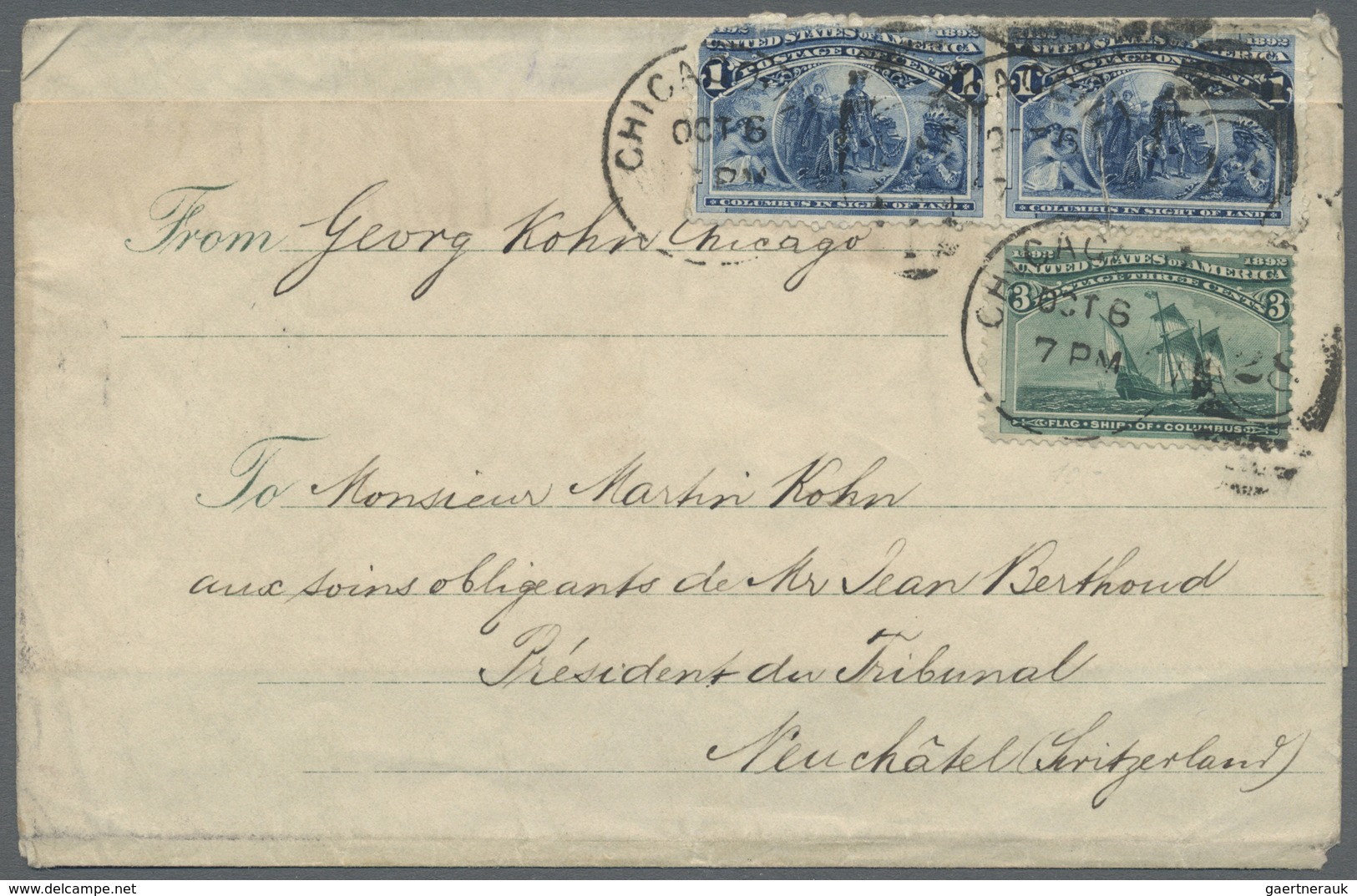 Br Vereinigte Staaten Von Amerika: 1893, Columbus 3 C. Green And Horizontal Pair 1 C. Blue (faults) Tie - Autres & Non Classés