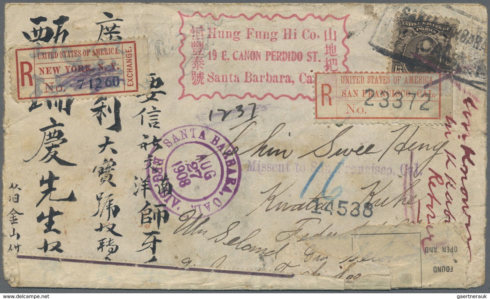Br Vereinigte Staaten Von Amerika: 1908, 13 C Purple Black, Single Franking On Registered Cover From SA - Autres & Non Classés