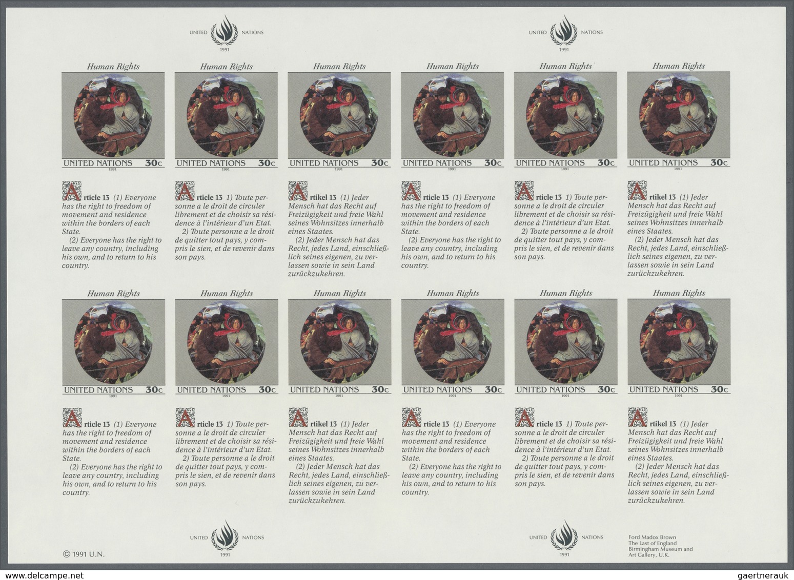 ** Vereinte Nationen - New York: 1991. Imperforate Pane Of 4 Inscription Blocks Of 3 + 3 Labels For The - Autres & Non Classés