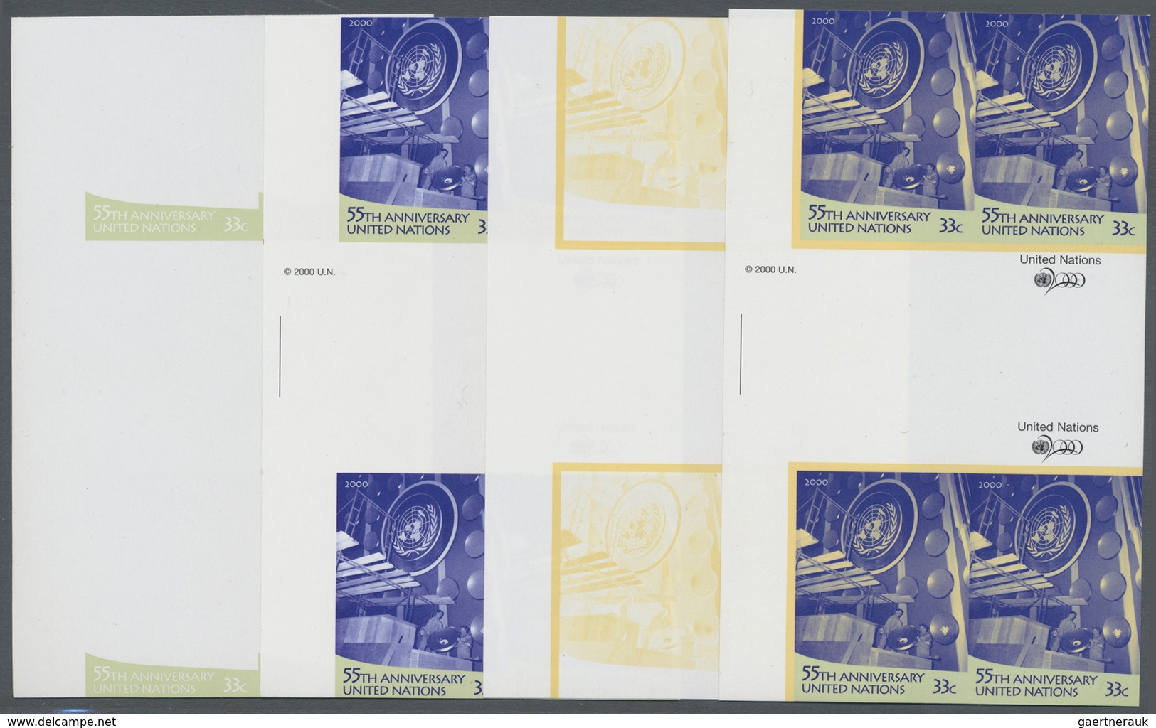 ** Vereinte Nationen - New York: 2000. Imperforate Double Pair Gutter Block + Progressive Proof (7 Phas - Autres & Non Classés