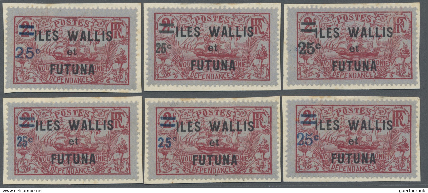 Brfst Wallis- Und Futuna-Inseln: 1924, 25 C. On 2 F. Carmine On Grey-blue Ship With Overprint, Six Differe - Autres & Non Classés