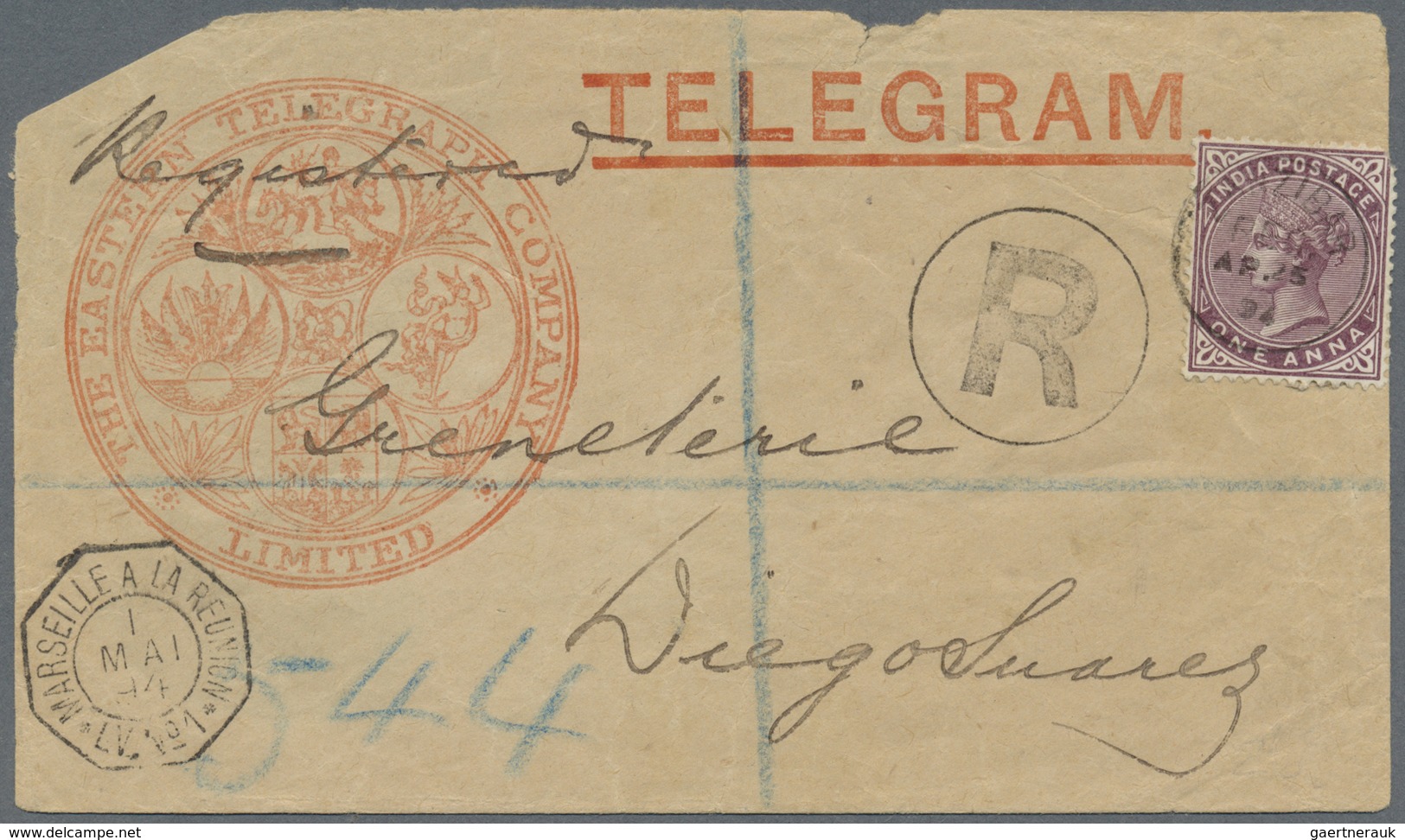 Br Zanzibar: 1894, Forerunner, India 1 A Brown-purple On Large Part Of Preprinted Telegram Cover "The E - Zanzibar (...-1963)