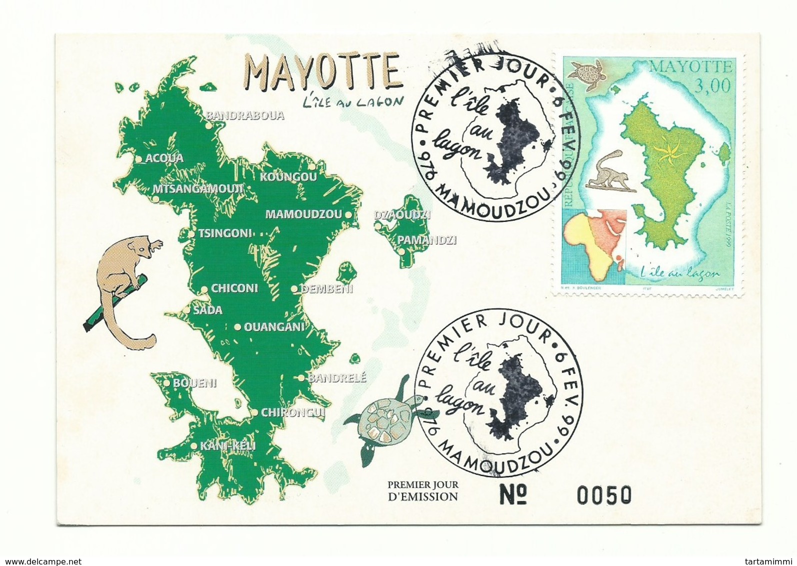 MAYOTTE 1999 FDC Turtle  Tortue Schildkröte Skilpad Tortuga Tartaruga LEMUR L'ile Au Lagon Maximum Map Ile Postcard - Tortues