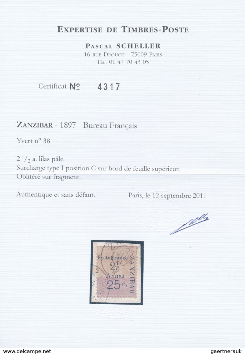 Brfst Zanzibar: FRENCH POST OFFICE IN ZANZIBAR: 1897, 2 1/2 Annas And 25 Centimes Type I Overprint (positi - Zanzibar (...-1963)