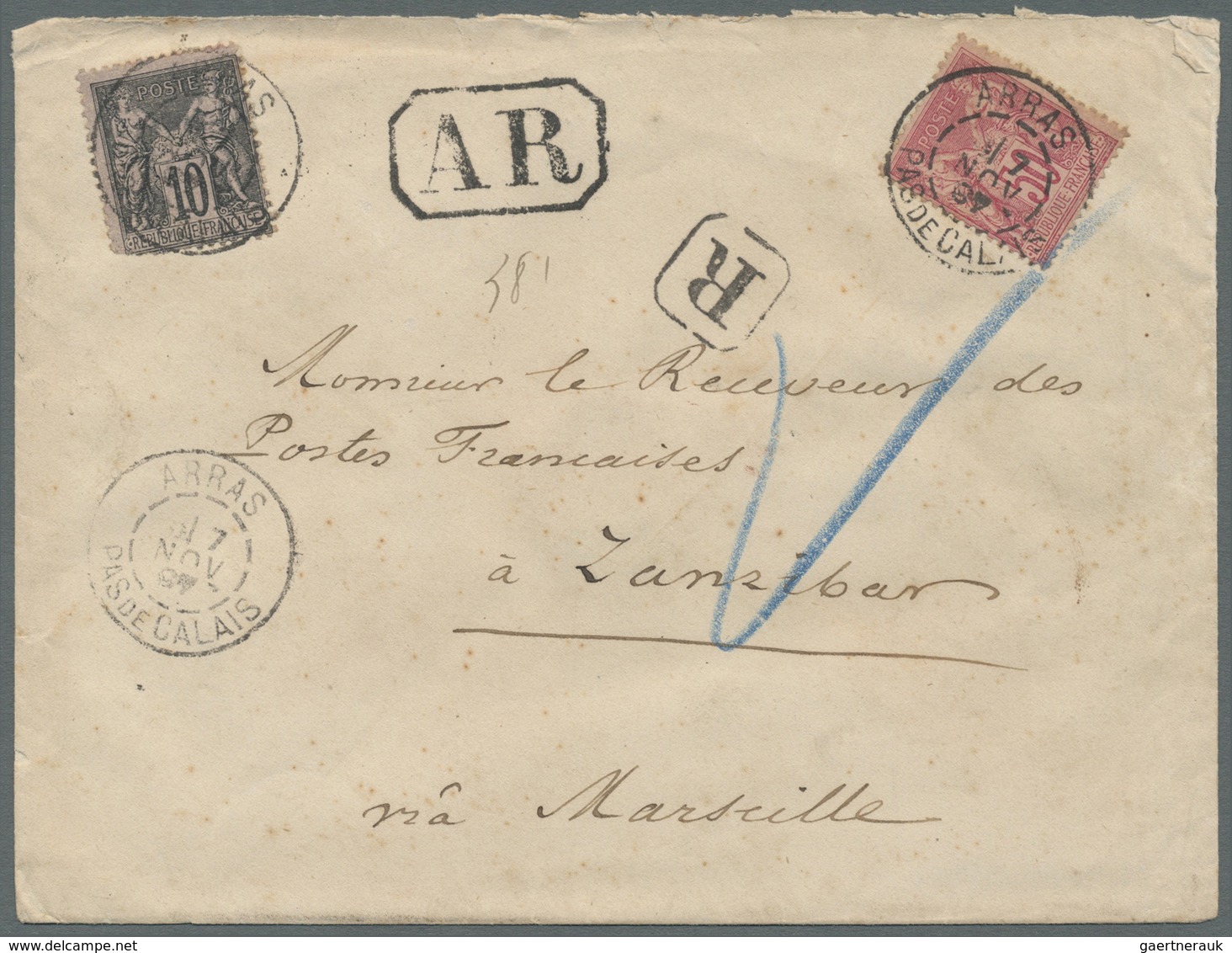 Br Zanzibar: 1897. Registered Advice Of Receipt Envelope Addressed To The 'French Post Office, Zanzibar - Zanzibar (...-1963)