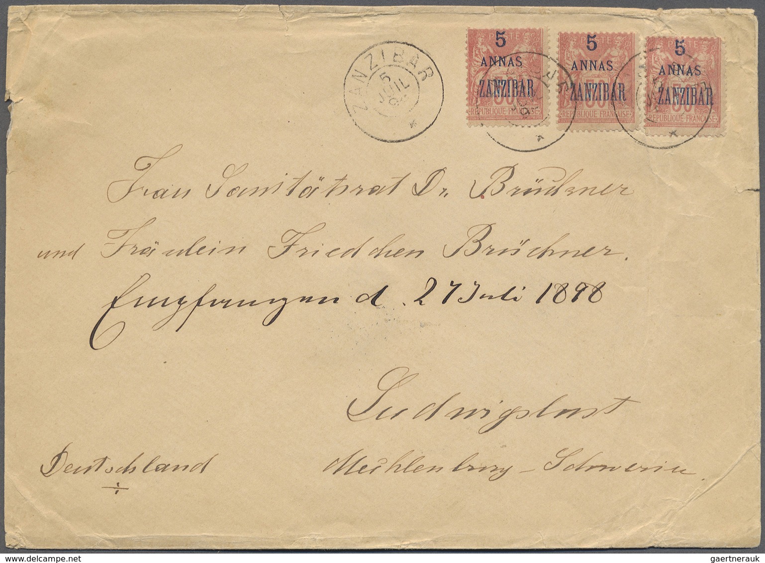 Br Zanzibar: 1898. Envelope (roughly Opened And A Bit Creased) Addressed To Germany Bearing French Zanz - Zanzibar (...-1963)