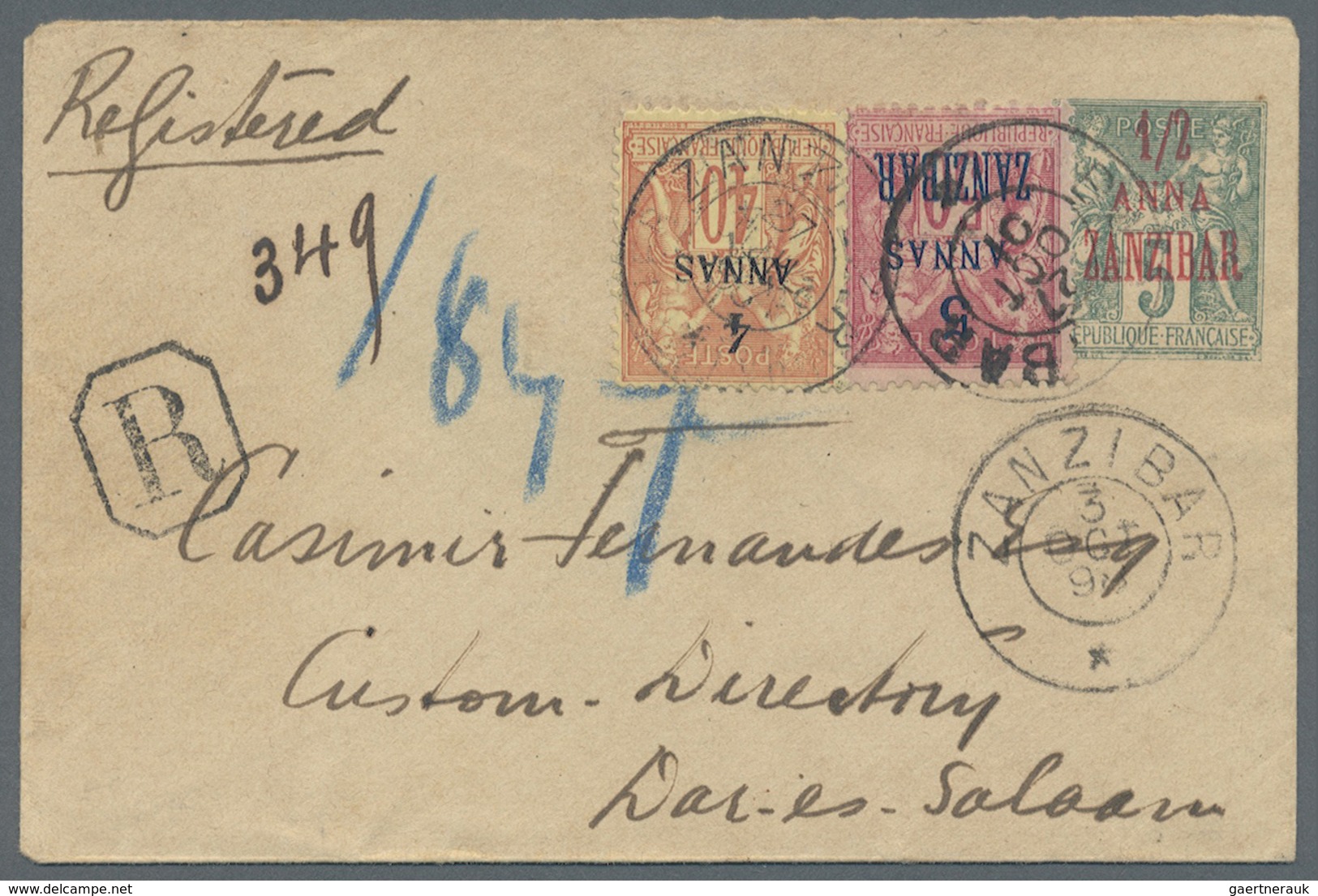 GA Zanzibar: 1898. Registered Postal Stationery Envelope '½ Anna Green Upgraded With Yvert 7, 4a On 40c - Zanzibar (...-1963)