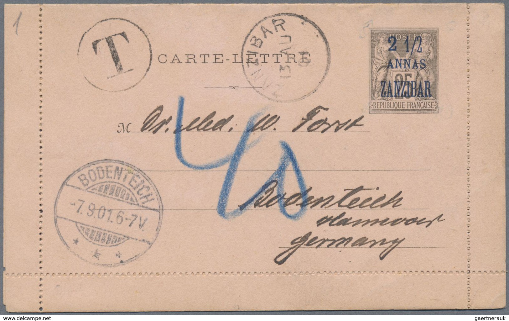 GA Zanzibar: 1901, "2 ½ ANNAS ZANZIBAR" On Stationery Letter Card 25 C Written By Dr. Clemens Denhardt - Zanzibar (...-1963)