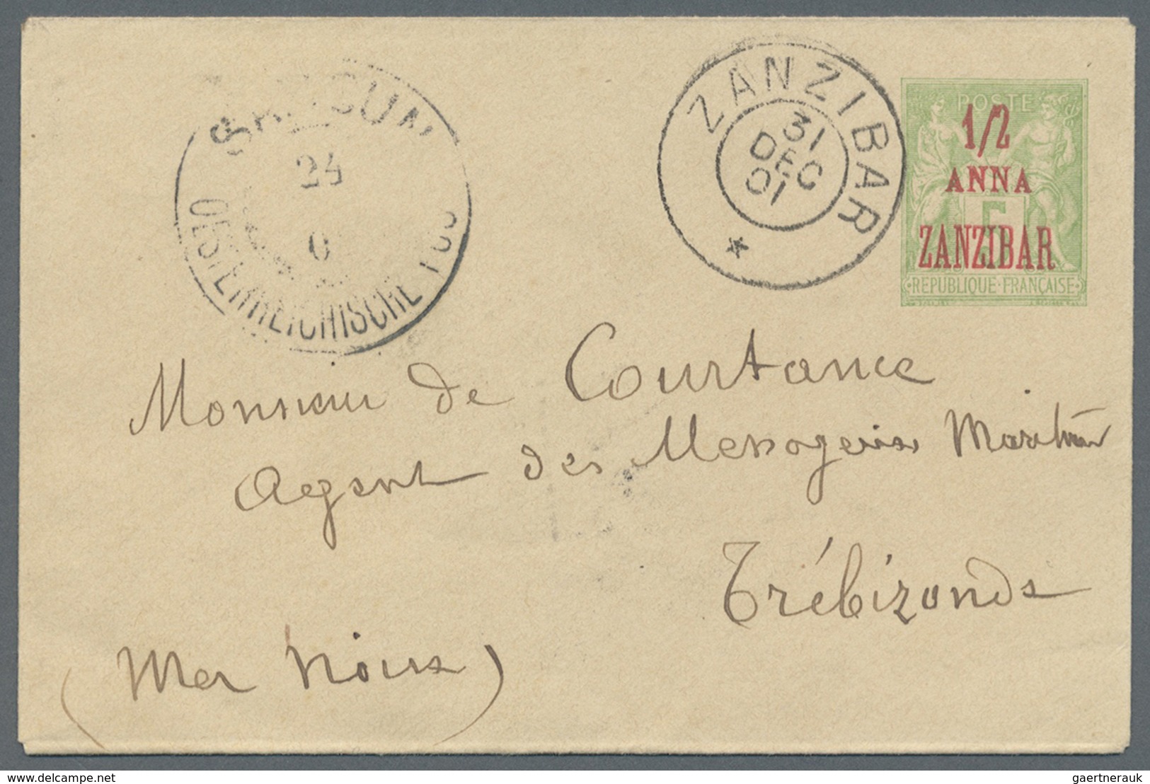 GA Zanzibar: 1901. French Post Office Postal Stationery Envelope ½ Anna Yellow Green Cancelled By Frenc - Zanzibar (...-1963)