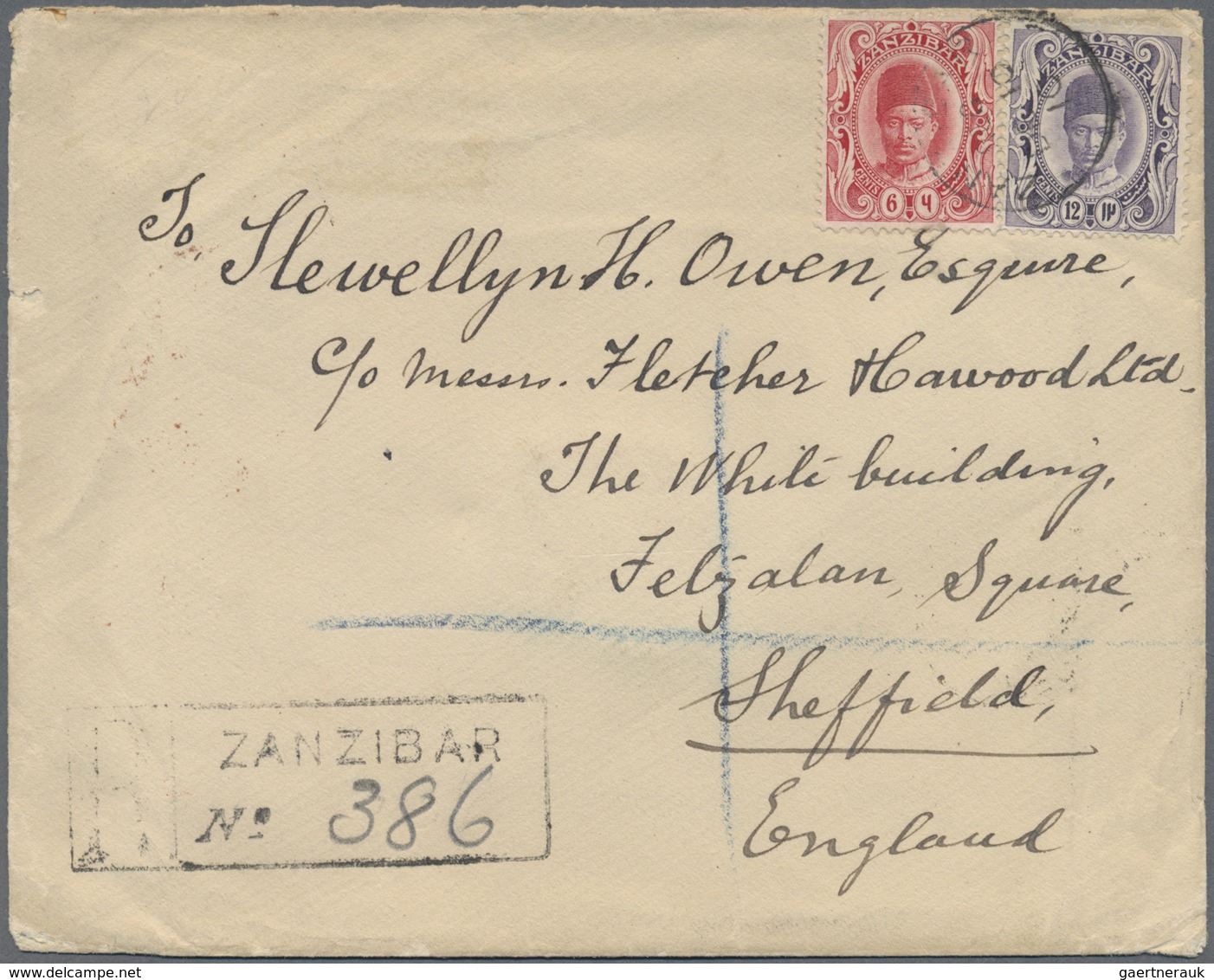 Br Zanzibar: 1910, 6 C And 12 C On Registered Envelope, Sent With Cds "ZANZIBAR DE 10 10" Via London To - Zanzibar (...-1963)