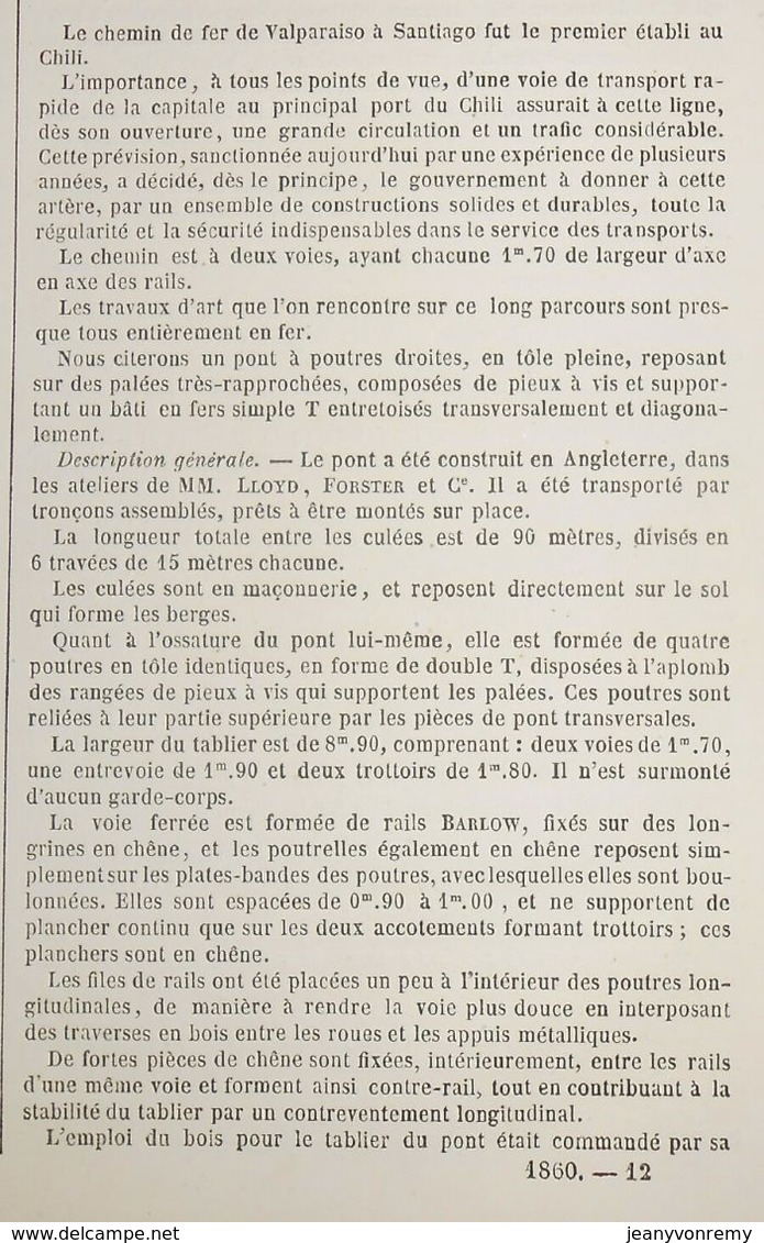 Plan Du Chemin De Fer De Santiago à Valparaiso.Plan Fondé Sur Pieux à Vis. 1860 - Arbeitsbeschaffung