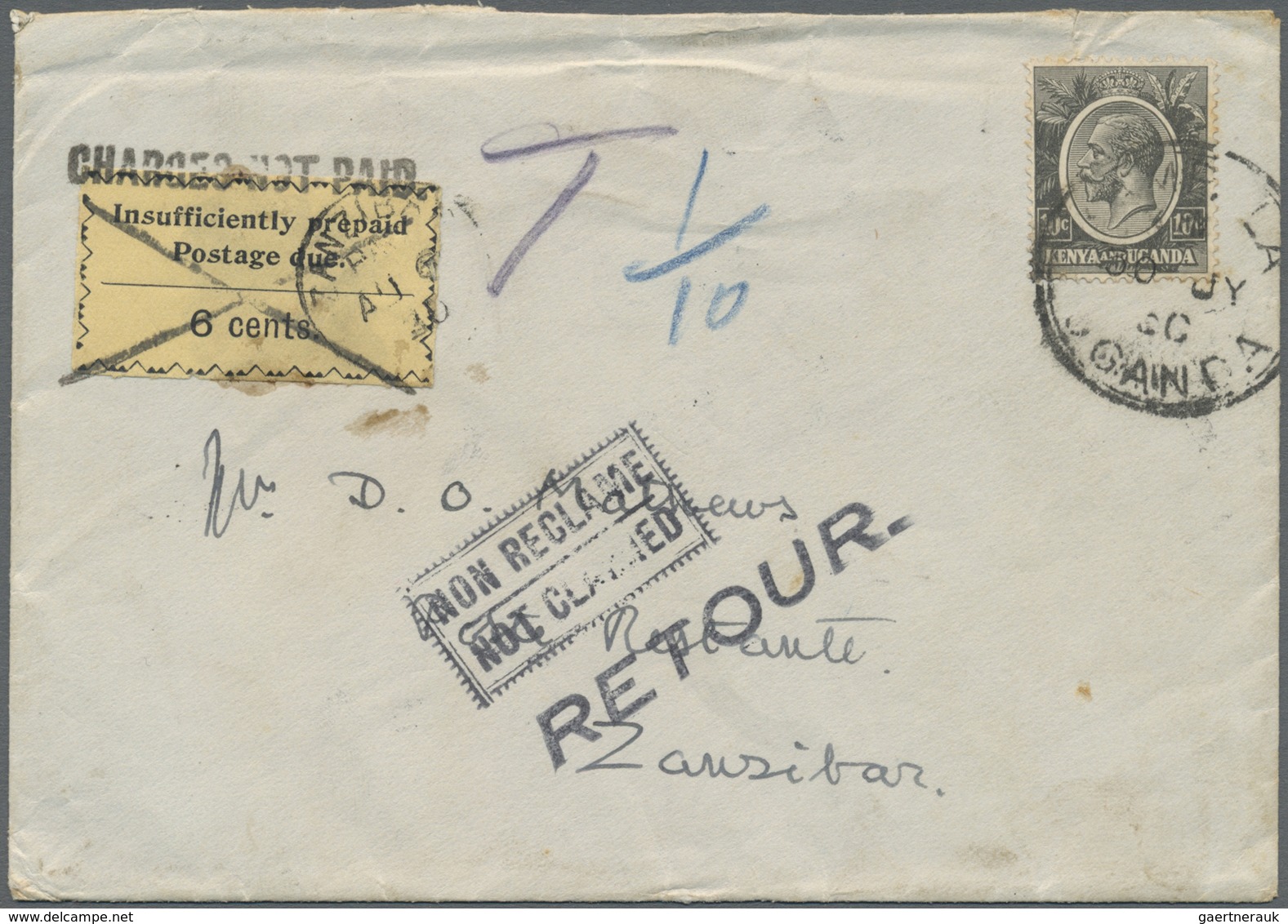 Br Zanzibar - Portomarken: 1931. Envelope Addressed To 'Poste Restante, Zanzibar' Bearing British East - Zanzibar (...-1963)