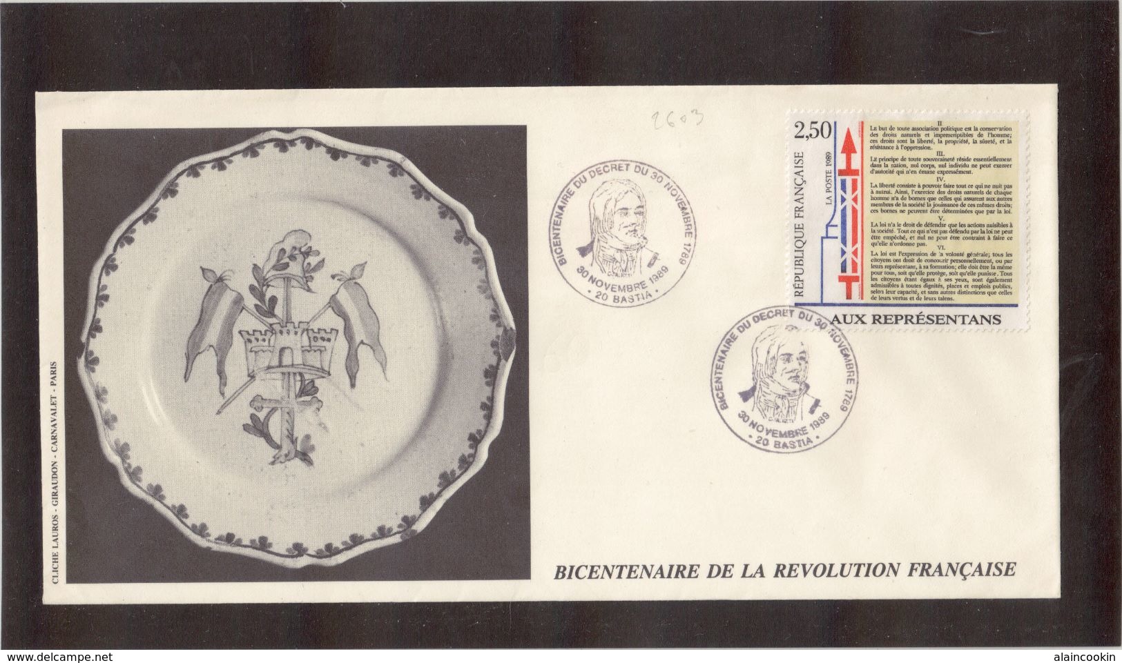 BC - France BICENTENAIRE De La REVOLUTION - 30.11.1989 Sur PO 2603 - BASTIA. - Lettres & Documents