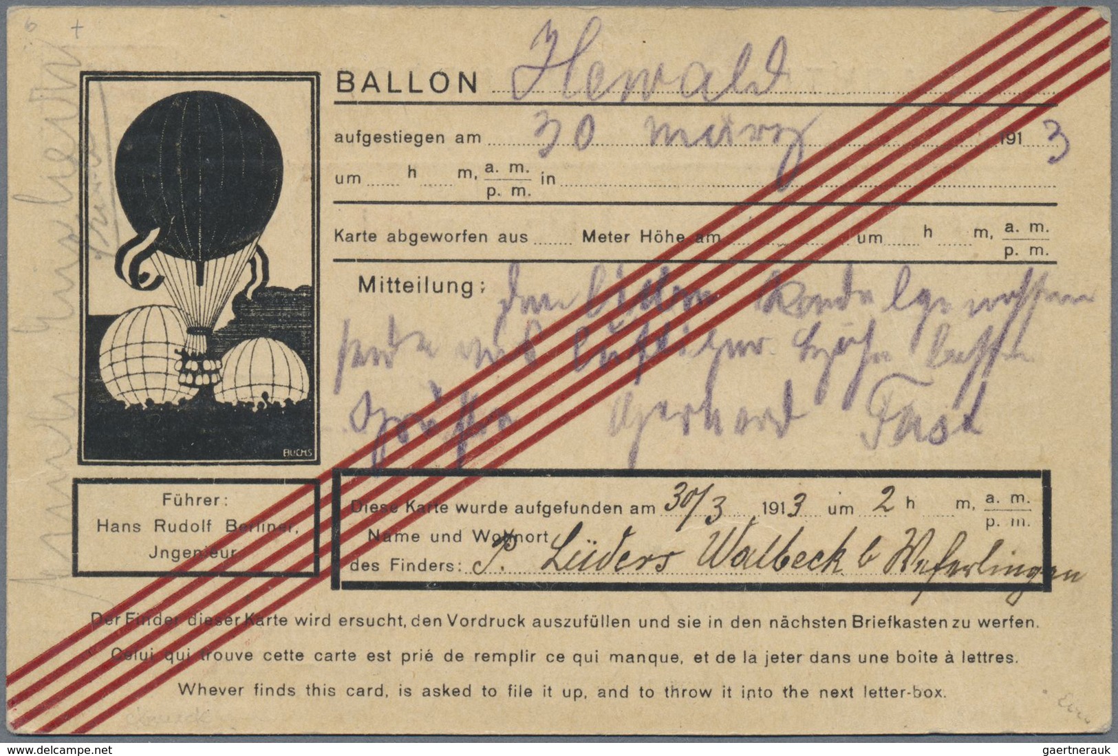 Br Ballonpost: 1913: Berliner Verein Für Luftschifffahrt, Ballon HEWALD: Einzigartige Ballonmotiv-Postk - Montgolfières