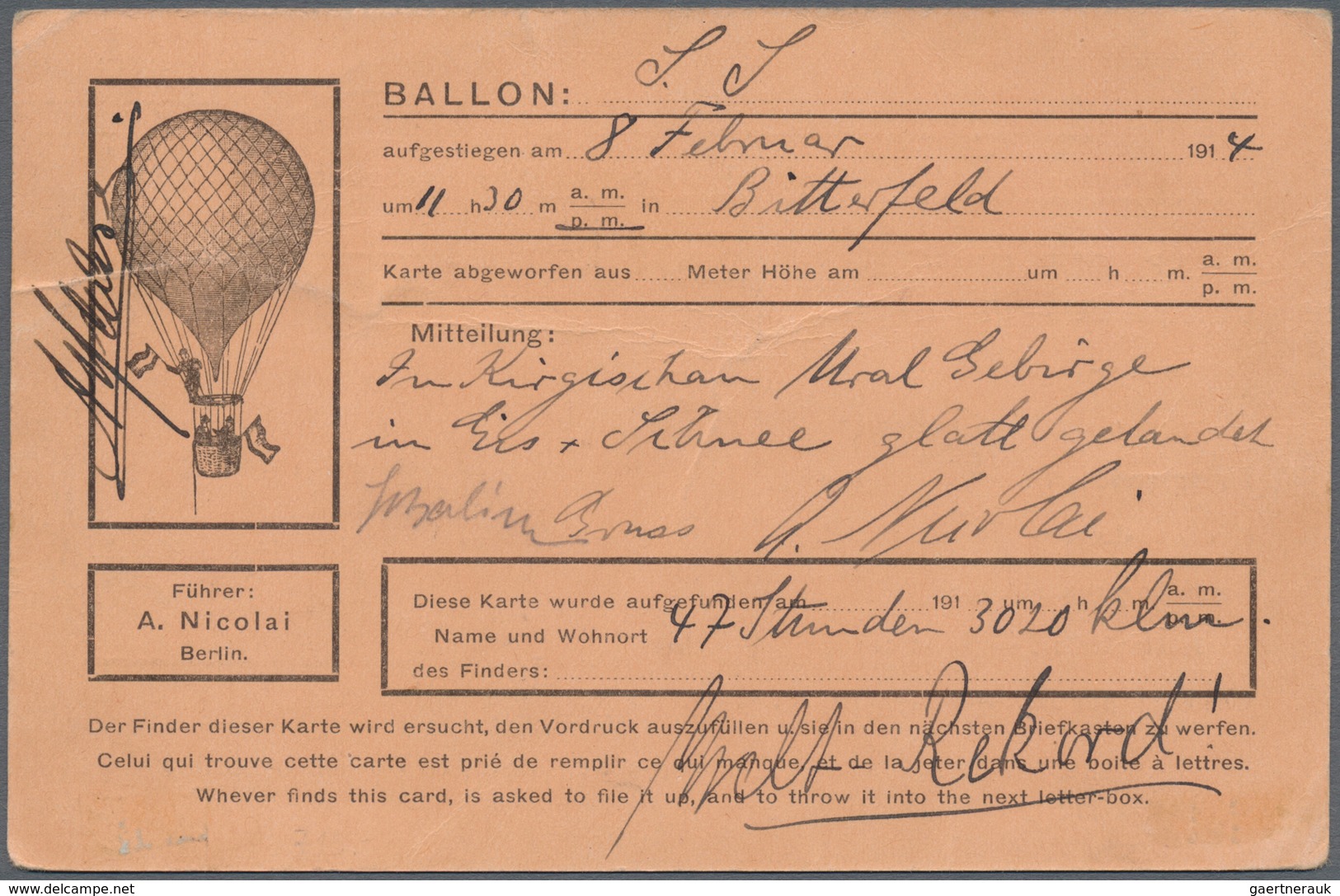 Br Ballonpost: 1914: Berliner Verein Für Luftschifffahrt / Ballon "SS" (für Siemens Schuckert): Abwurfk - Montgolfières