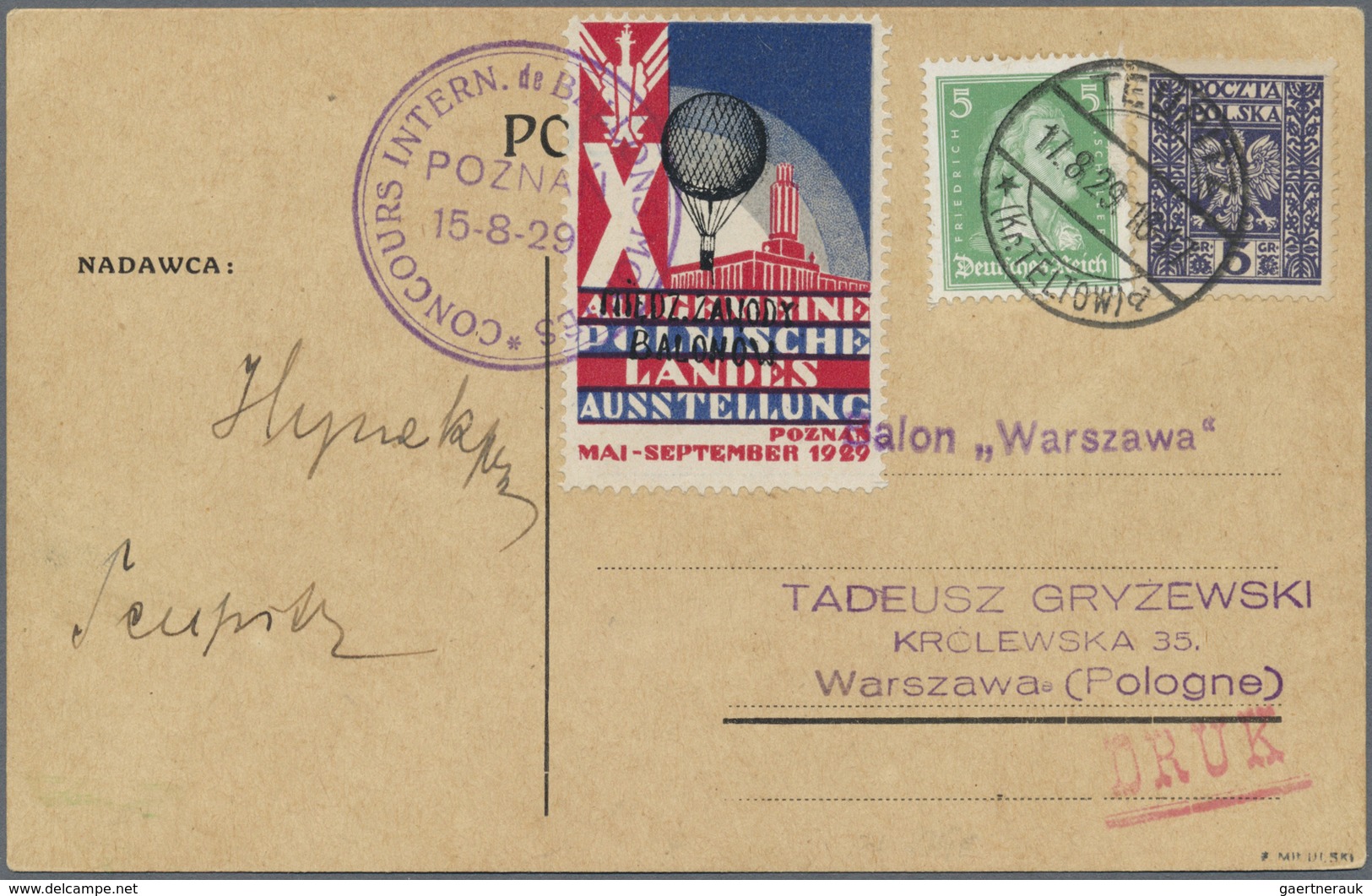 Br Ballonpost: 1929, 15.8.-17.8., Poland-Germany, Balloon "Warszawa", Card With Franking Poland/Germany - Montgolfières