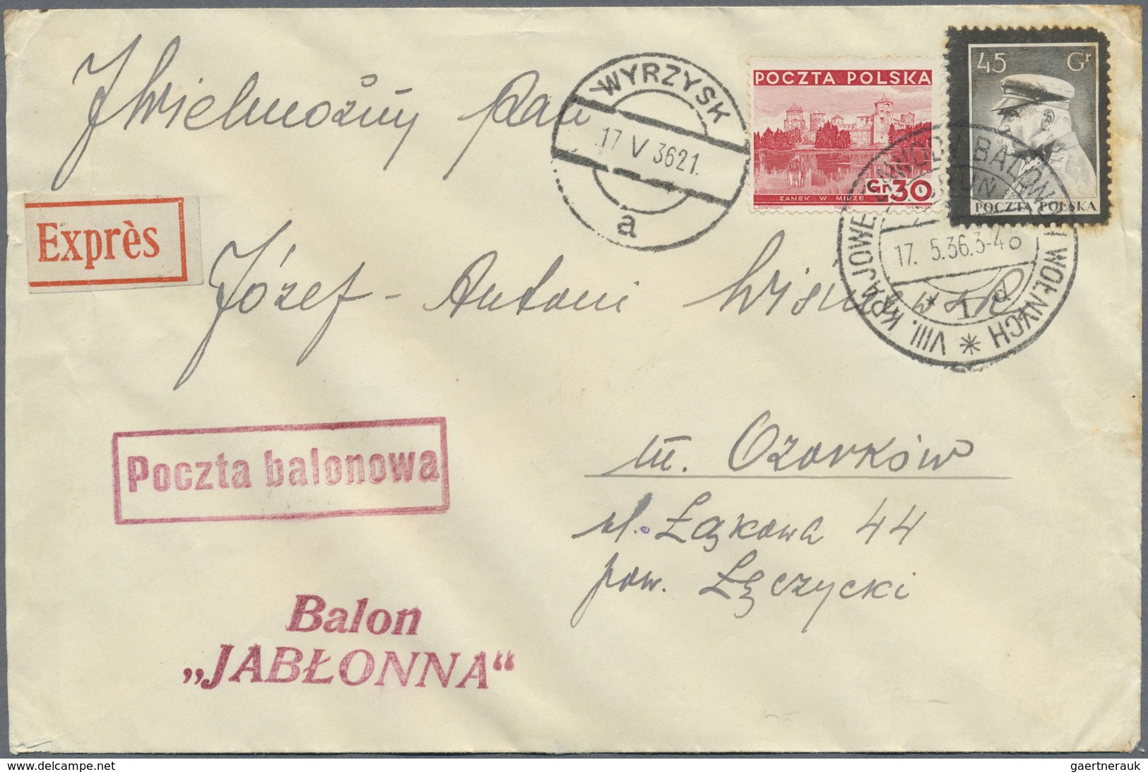 Br Ballonpost: 1936, 17.5., Poland, Balloon "Jabłonna", Cover WITHOUT Balloon Vignette (unusual), Some - Luchtballons
