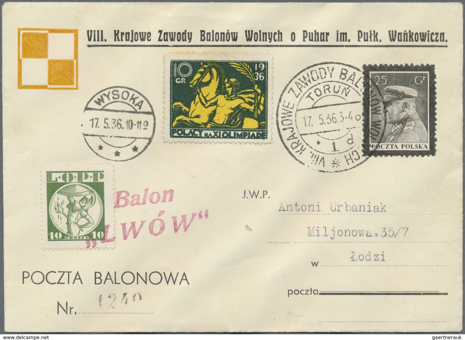 Br Ballonpost: 1936, 17.5., Poland, Balloon "Lwów", Cover With Balloon Vignette And 1936 Olympic Games - Fesselballons