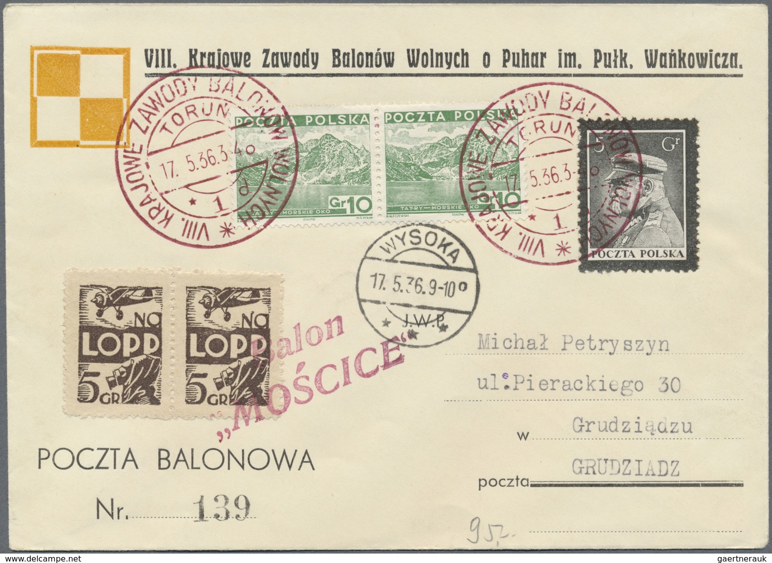 Br Ballonpost: 1936, 17.5., Poland, Balloon "Mościce", Cover With Balloon Vignette And RED Postmark. On - Luchtballons