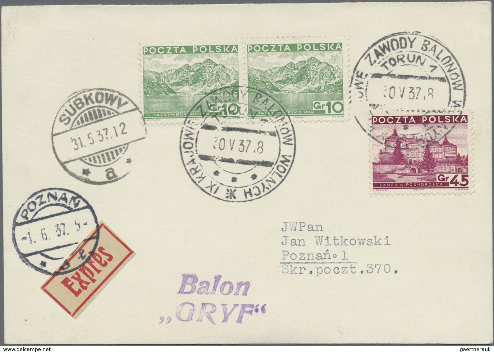 Br Ballonpost: 1937, 30.V., Poland, Balloon "Gryf", Card With Black Postmark And Arrival Mark, Only 72 - Montgolfières