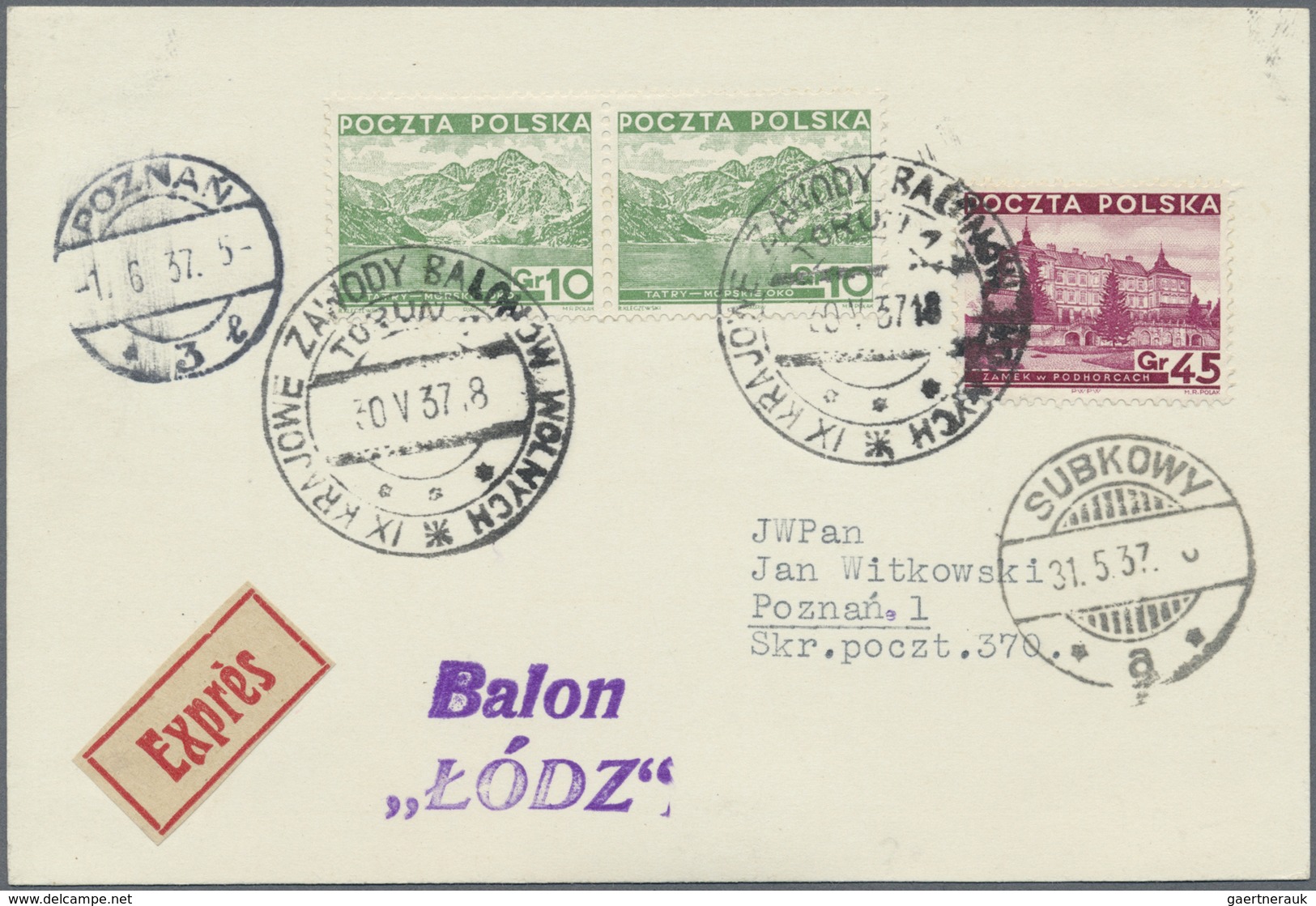 Br Ballonpost: 1937, 30.V., Poland, Balloon "Łódź", Card With Black Postmark And Arrival Mark, Only 71 - Montgolfières