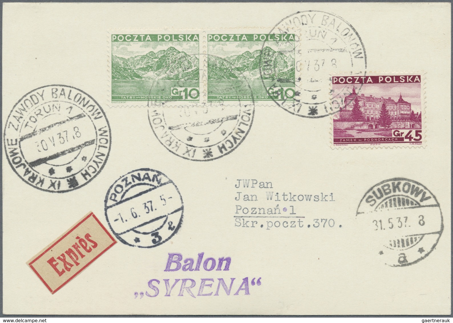 Br Ballonpost: 1937, 30.V., Poland, Balloon "Syrena", Card With Black Postmark And Arrival Mark, Only 7 - Luchtballons