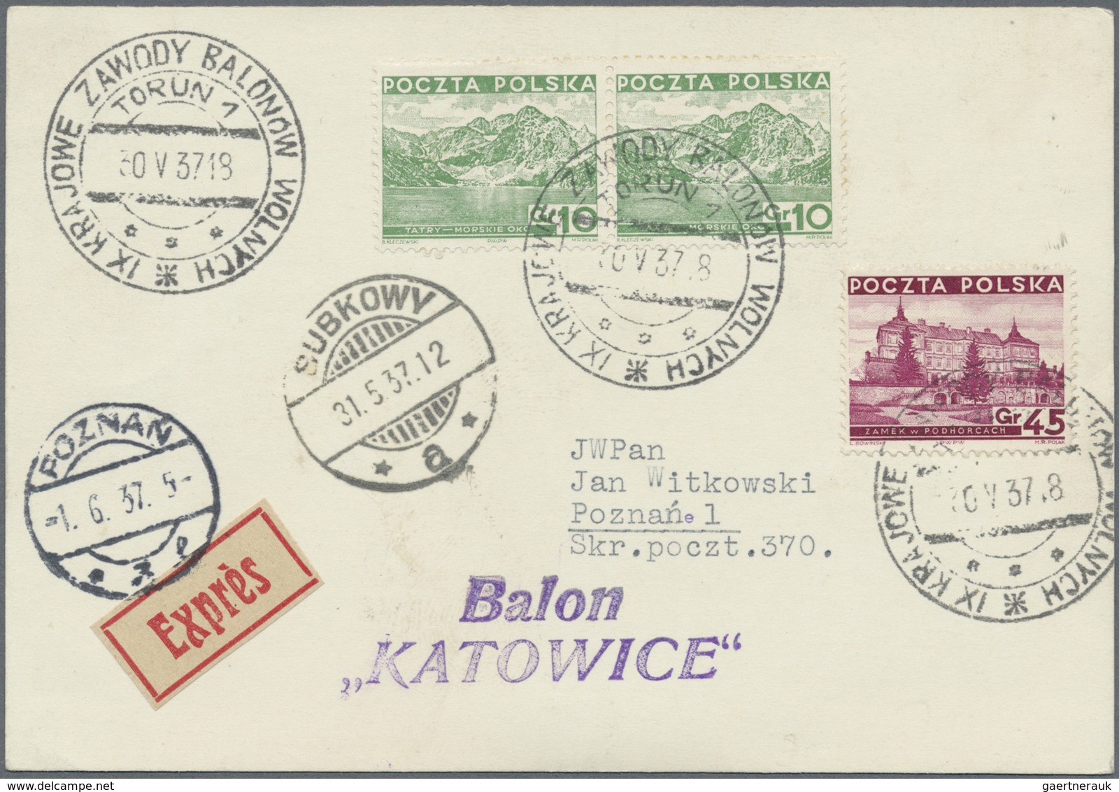 Br Ballonpost: 1937, 30.V., Poland, Balloon "Katowice", Card With Black Postmark And Arrival Mark, Only - Montgolfières