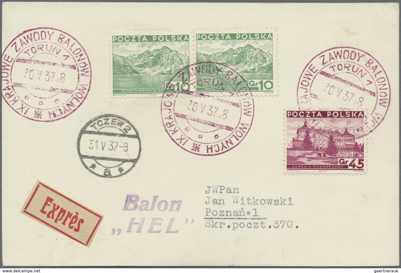 Br Ballonpost: 1937, 30.V., Poland, Balloon "Hel", Card With VIOLET Postmark And Arrival Mark, Only 16 - Montgolfières