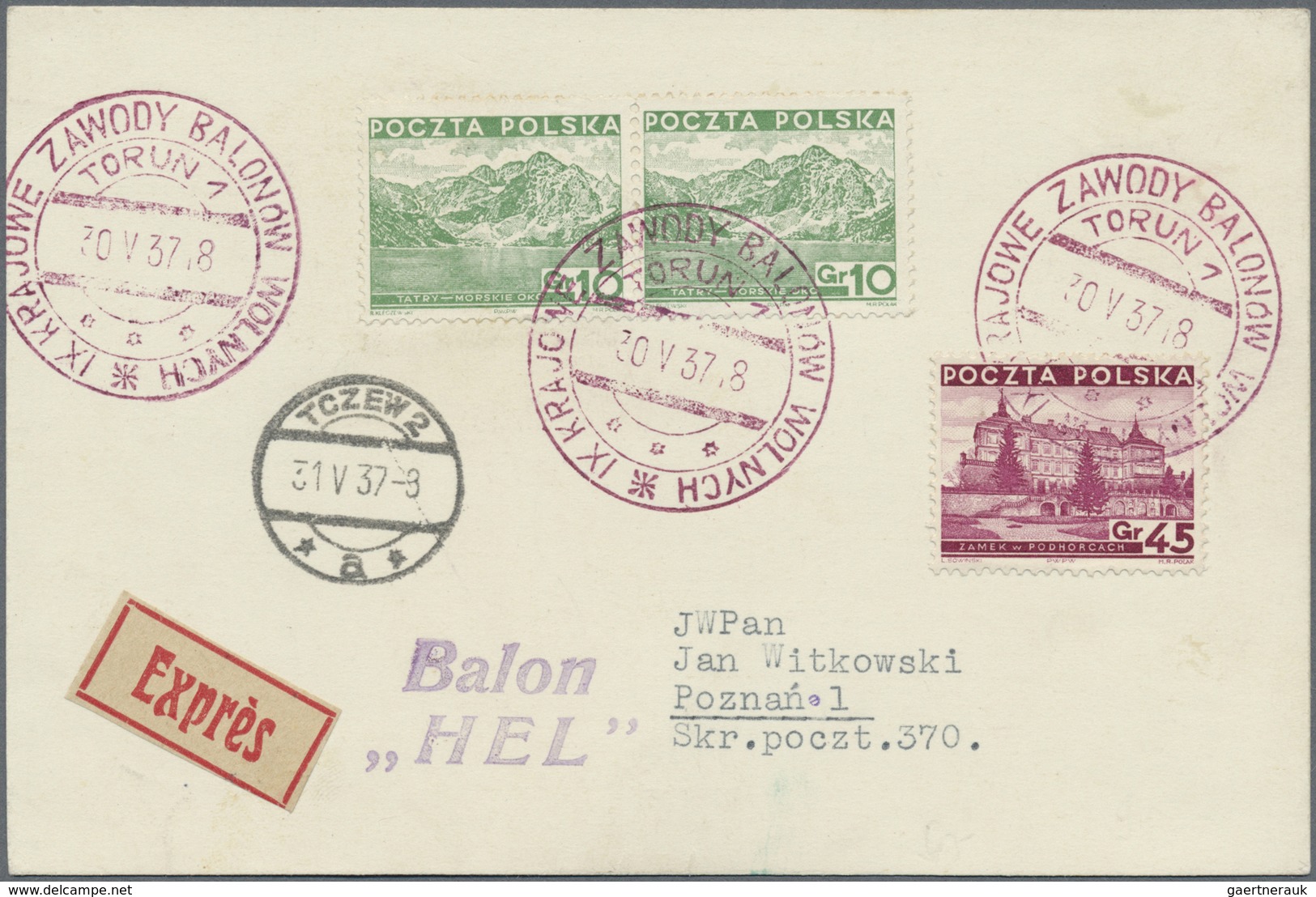 Br Ballonpost: 1937, 30.V., Poland, Balloon "Hel", Card With VIOLET Postmark And Arrival Mark, Only 16 - Luchtballons