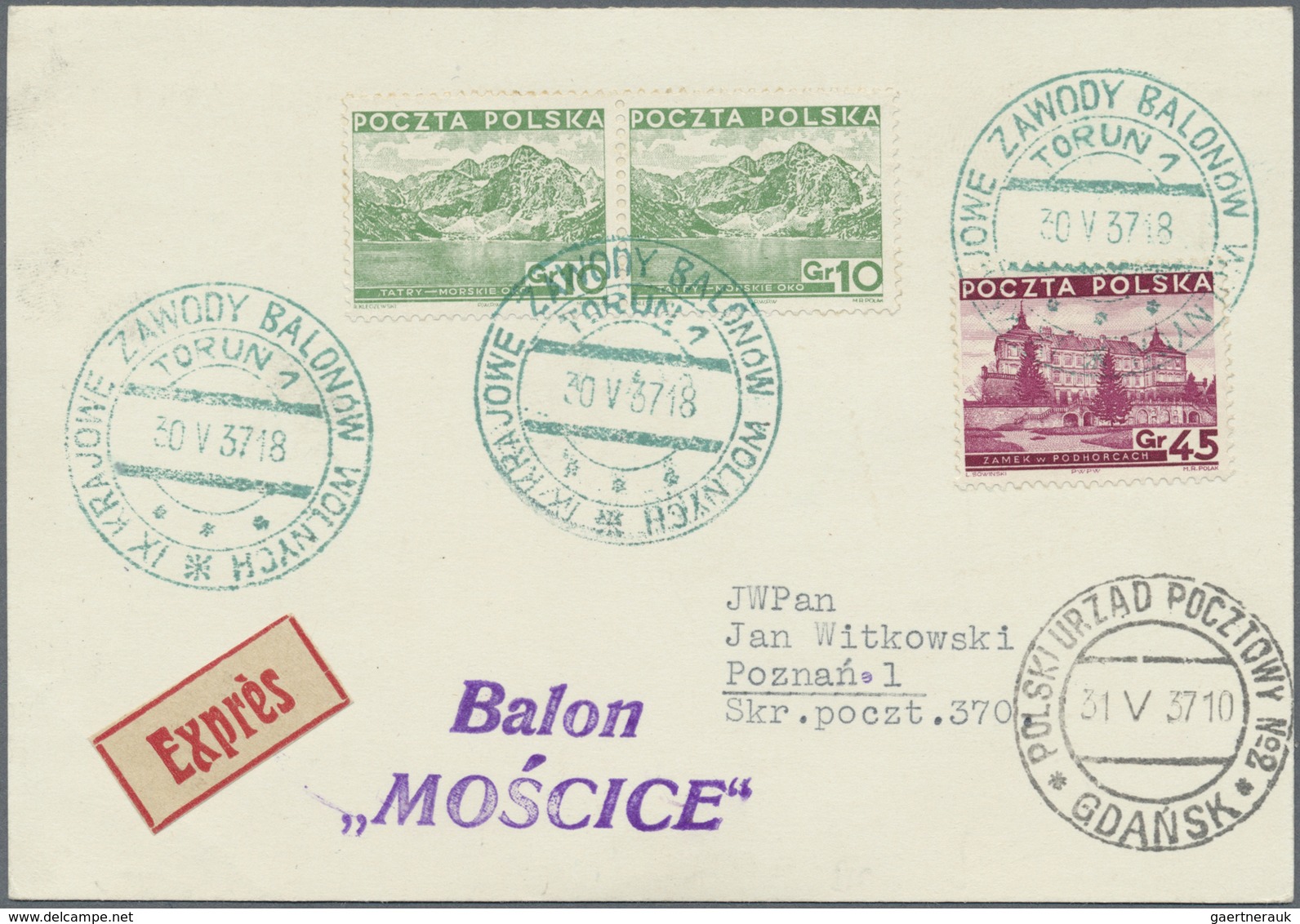 Br Ballonpost: 1937, 30.V., Poland, Balloon "Mościce", Card With GREEN Postmark And Arrival Mark, Only - Montgolfières