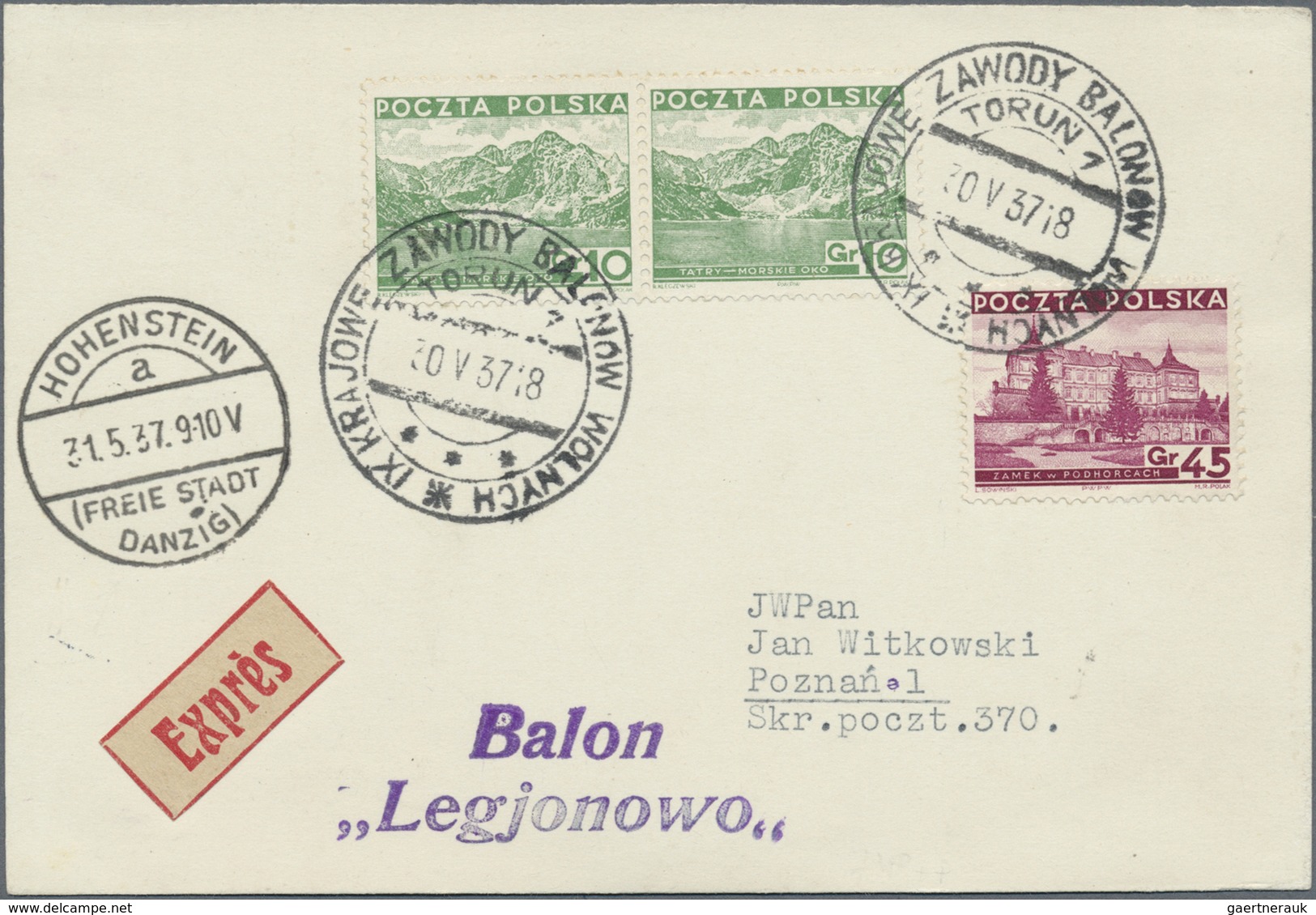 Br Ballonpost: 1937, 30.V., Poland, Balloon "Legionowo", Card With Black Postmark And Arrival Mark "Dan - Montgolfières