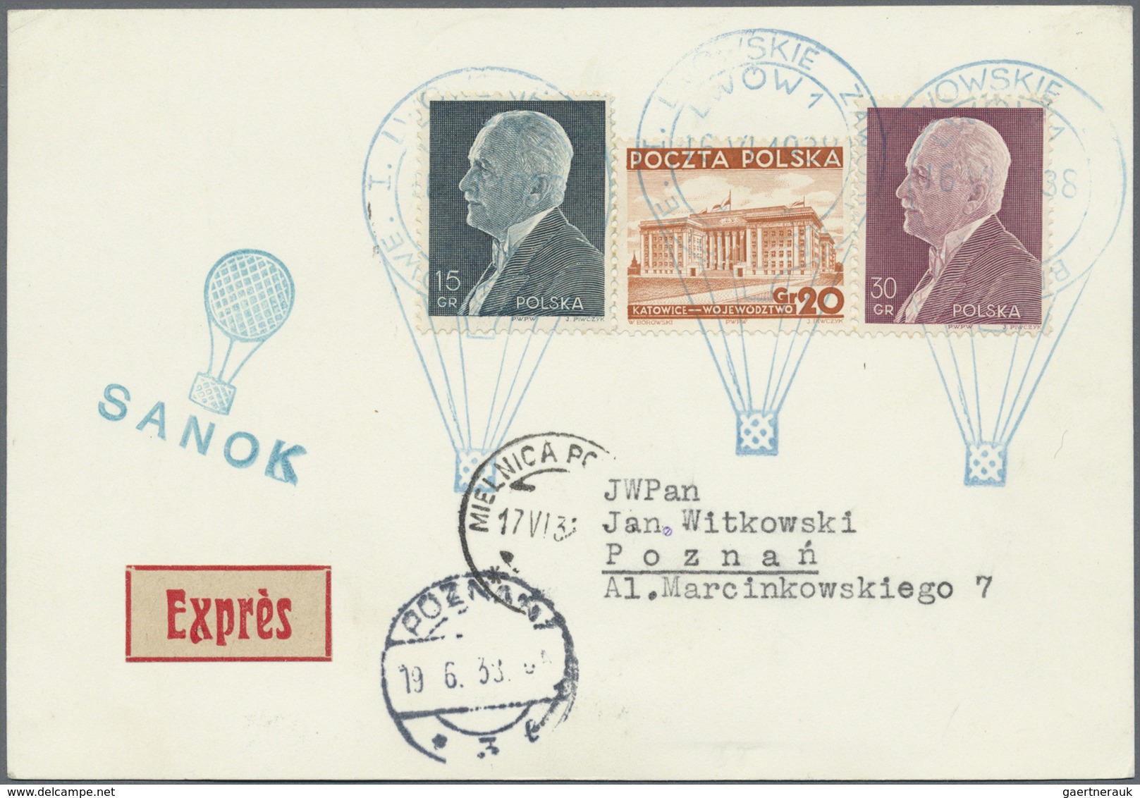 Br Ballonpost: 1938, 16.VI., Poland, complete set of six balloon cards/cover: balloons "Sanok", "Mościc