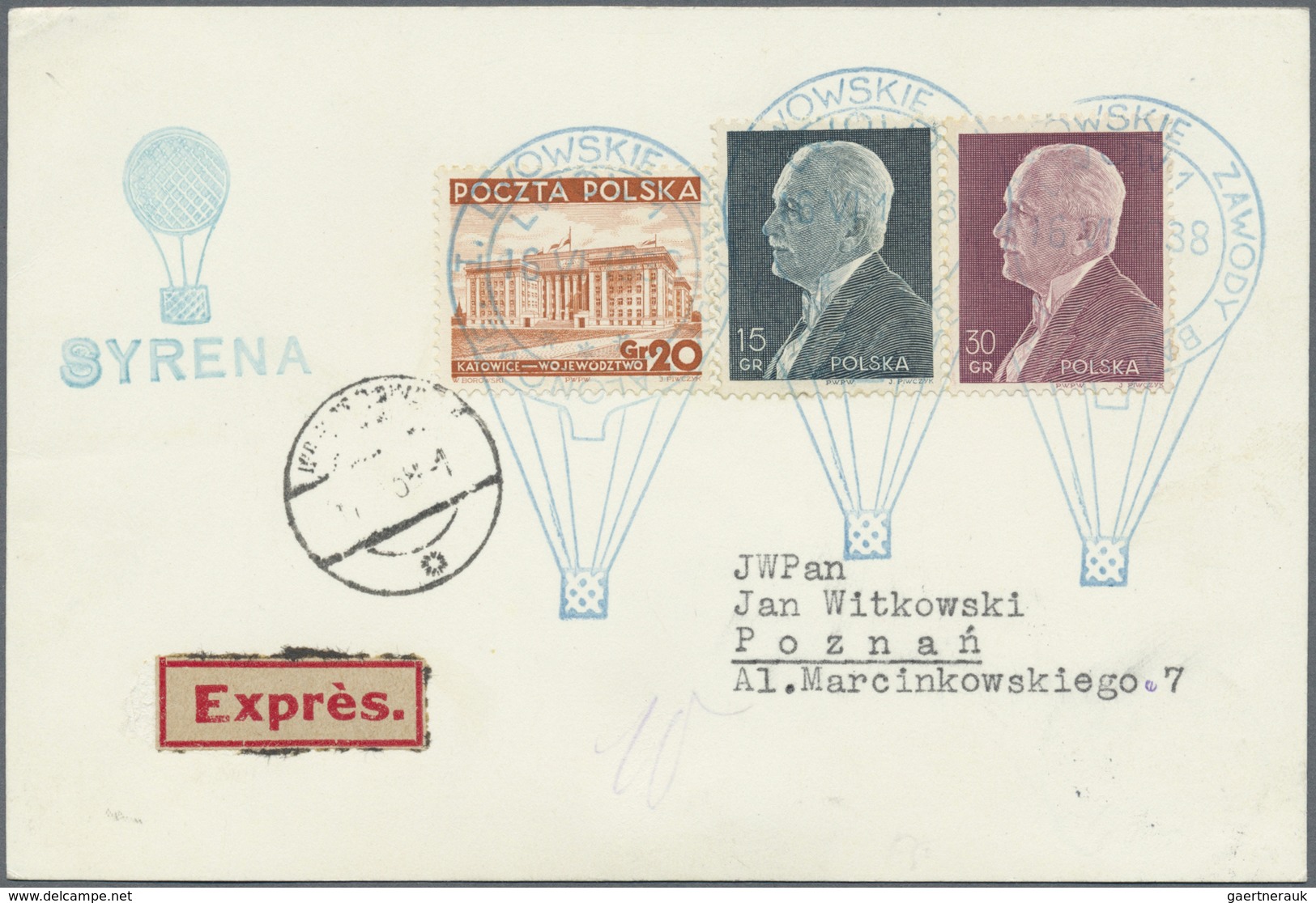 Br Ballonpost: 1938, 16.VI., Poland, complete set of six balloon cards/cover: balloons "Sanok", "Mościc