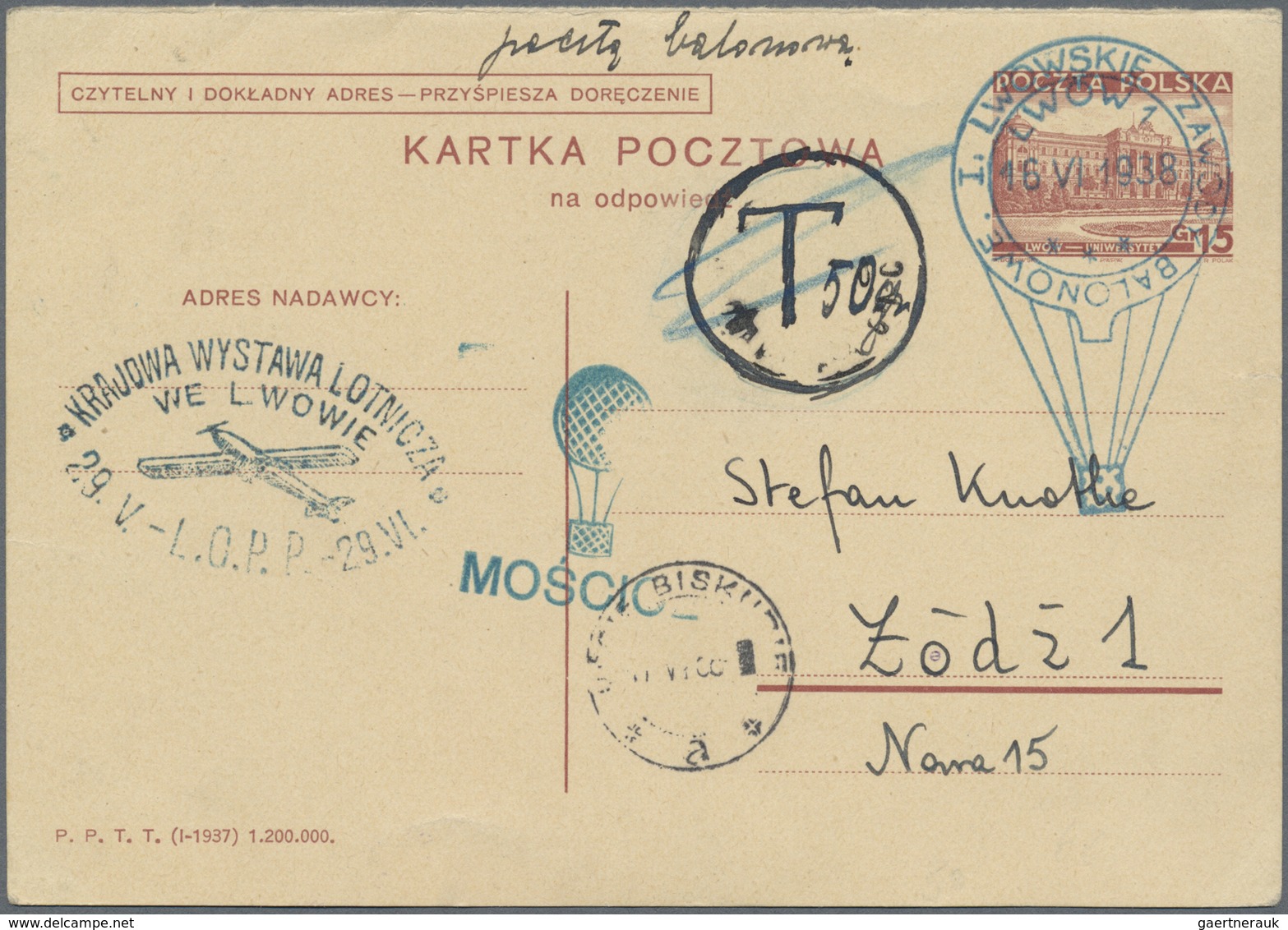 Br Ballonpost: 1938, 16.VI., Poland, complete set of six balloon cards/cover: balloons "Sanok", "Mościc