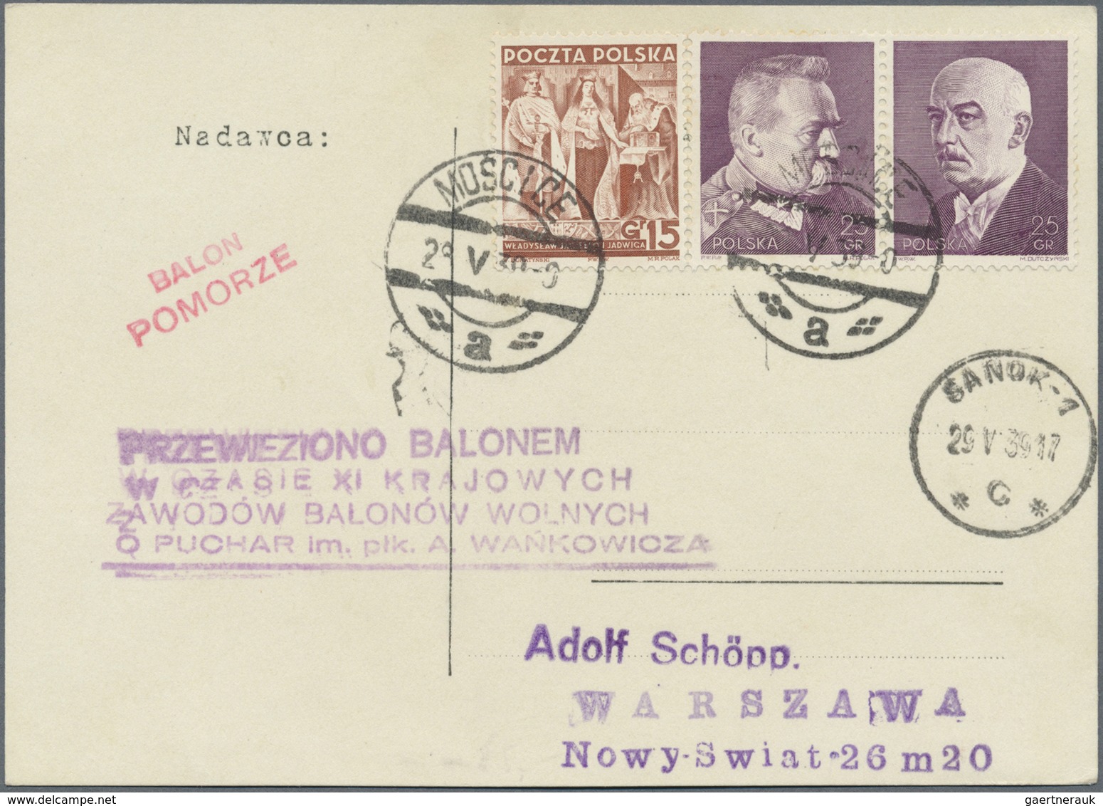 Br Ballonpost: 1939, 28.V., Poland, Three Balloon Covers/card: Balloon "Poznan", "Pomorze", "Katowice", - Fesselballons