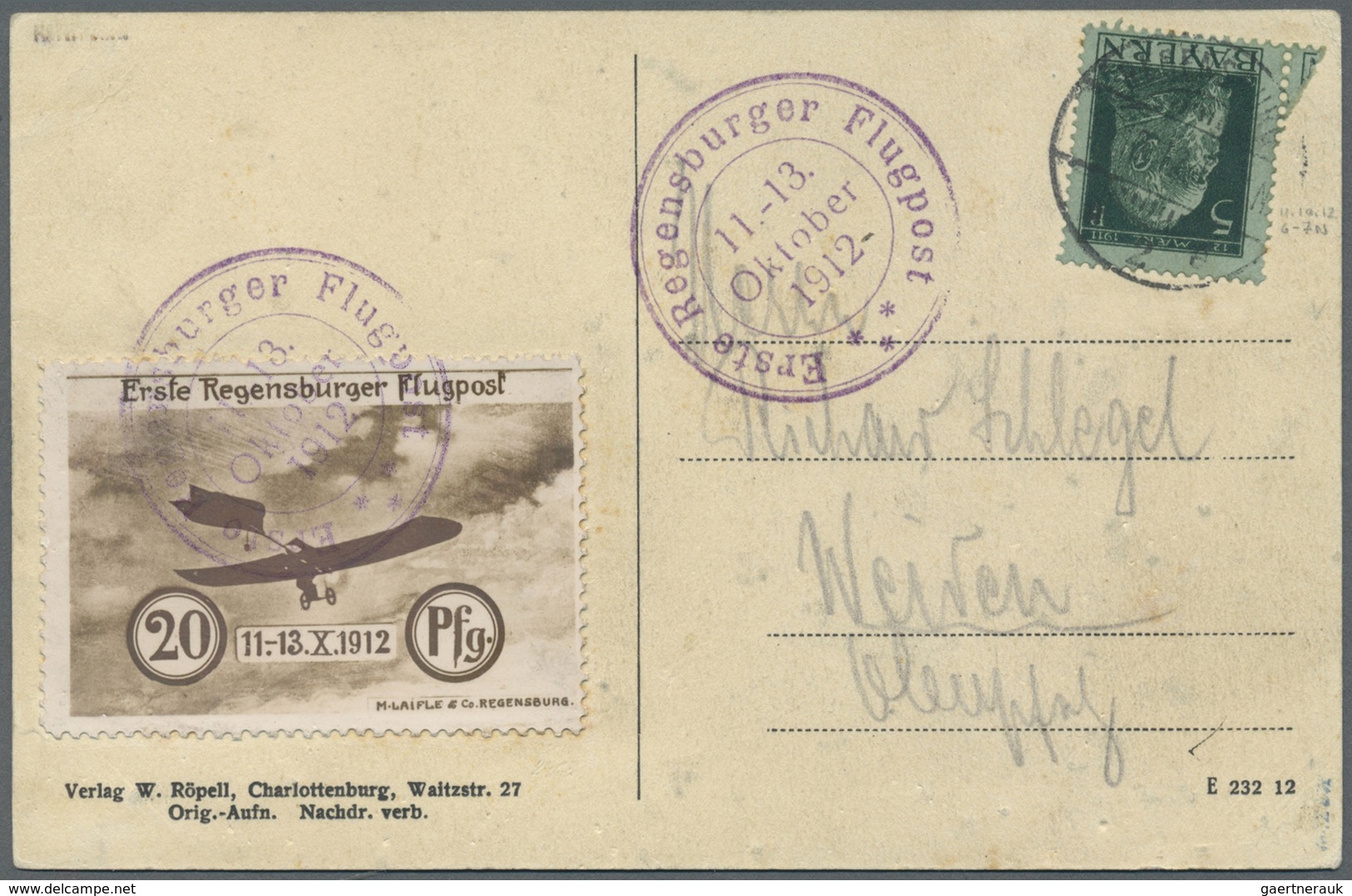 Br Flugpost Deutschland: 1912, Regensburger Fliegertage, 20 Pfg. Fotopapier-Flugmarke, Sehr Gut Gezähnt - Poste Aérienne & Zeppelin