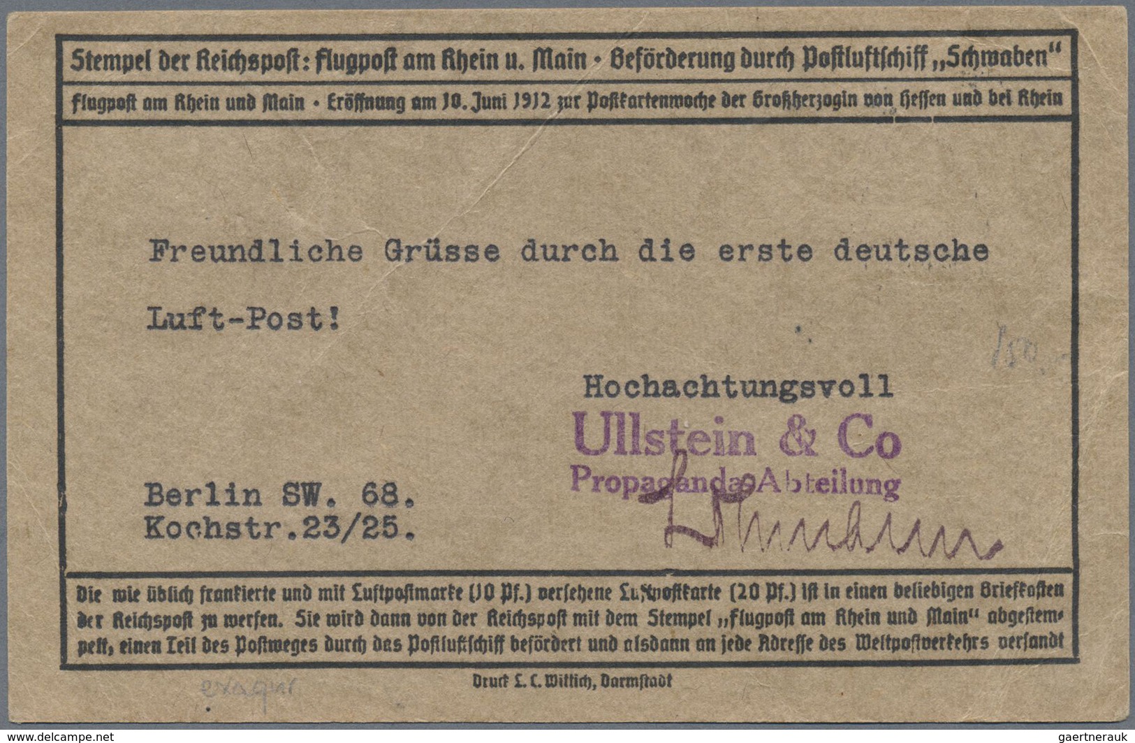 Br Flugpost Deutschland: 1912: FLUGPOST RHEIN-MAIN: SST 17.6. Darmstadt (langer Strich) Auf Graubrauer - Poste Aérienne & Zeppelin