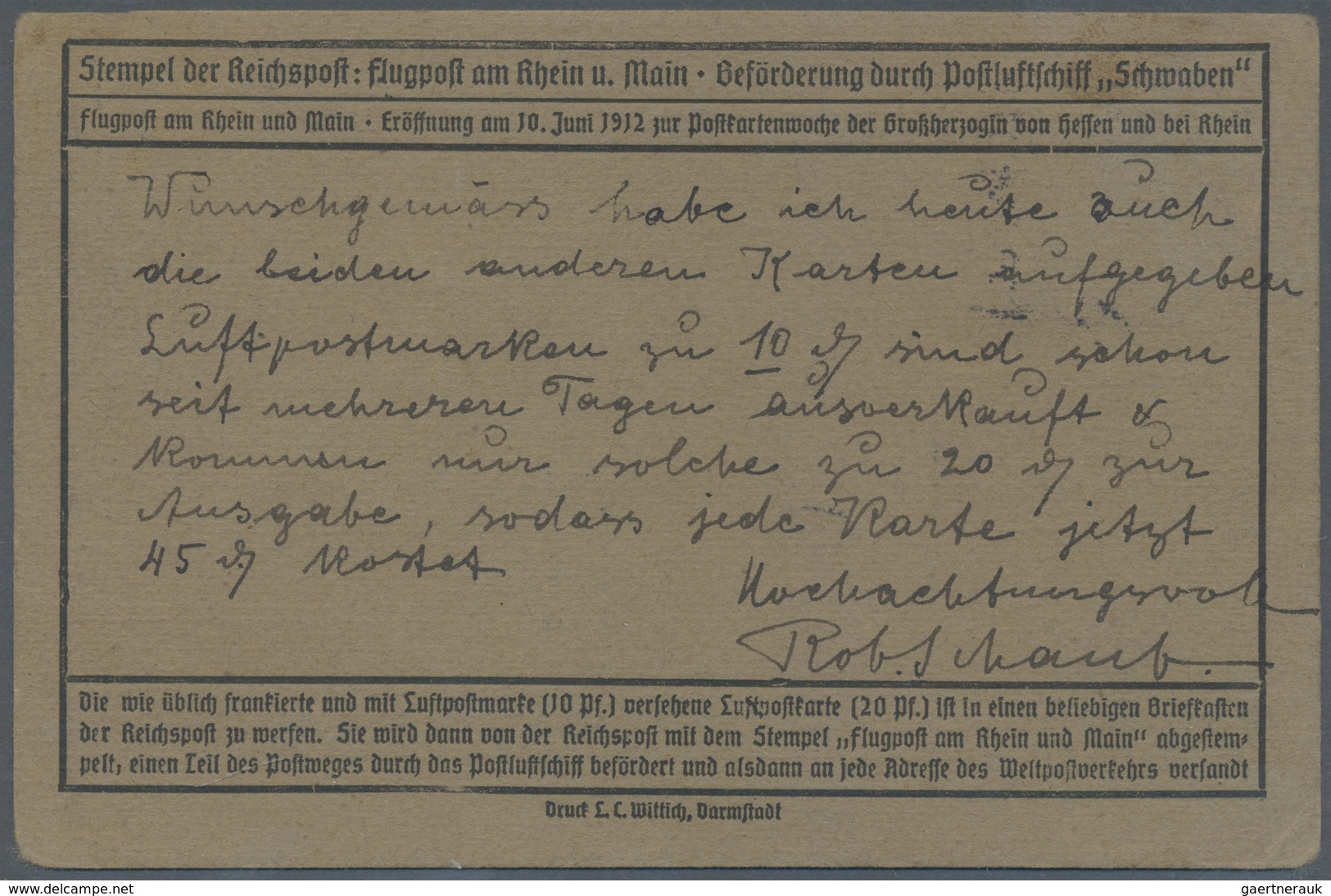 Br Flugpost Deutschland: 1912, 20Pf Rotorange Flugpostmarke OHNE Germania-Frankatur, Frankfurt 15.6.12, - Poste Aérienne & Zeppelin