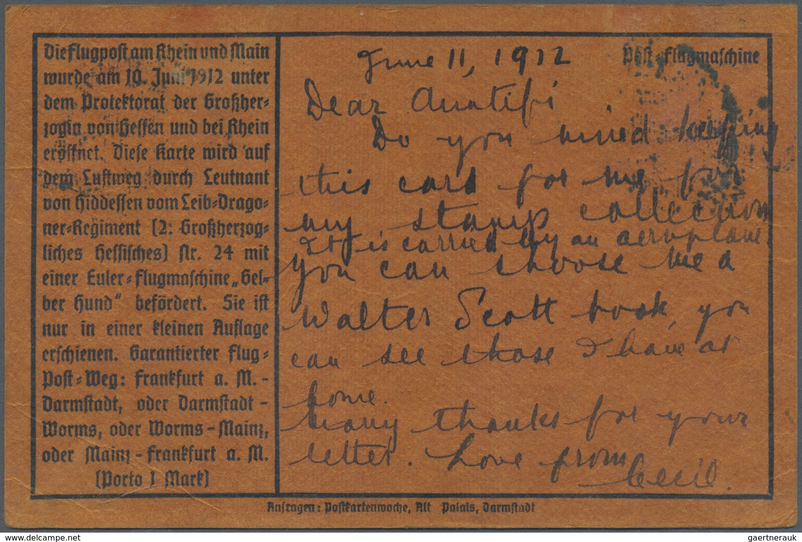 Br Flugpost Deutschland: 1912, 1 M. Gelber Hund Auf Entsprechender Flugpostkarte Mit Text, 10 Pfg. Germ - Poste Aérienne & Zeppelin
